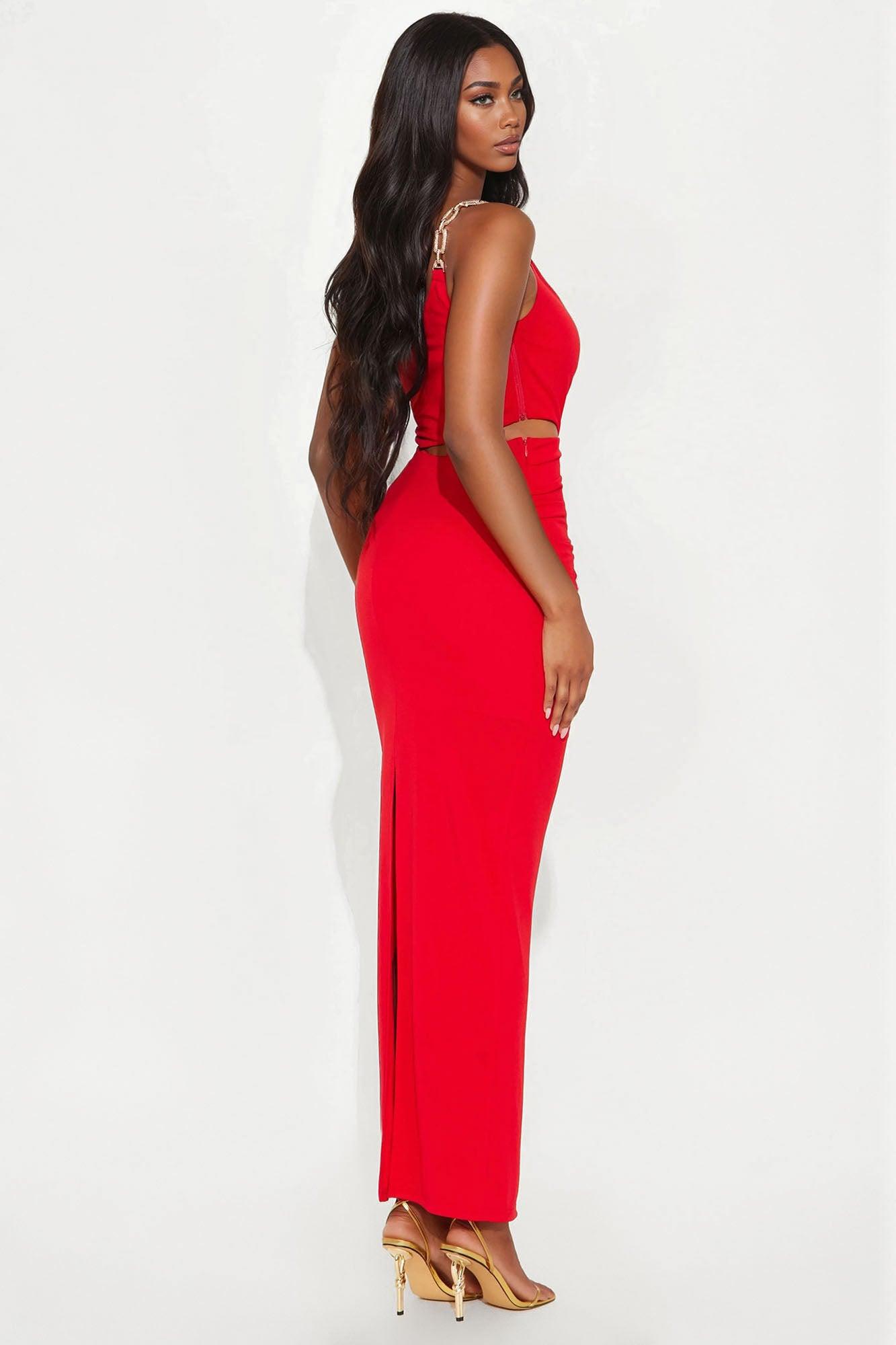 Alaina Chain Strap Ruched Maxi Dress - Red Female Product Image
