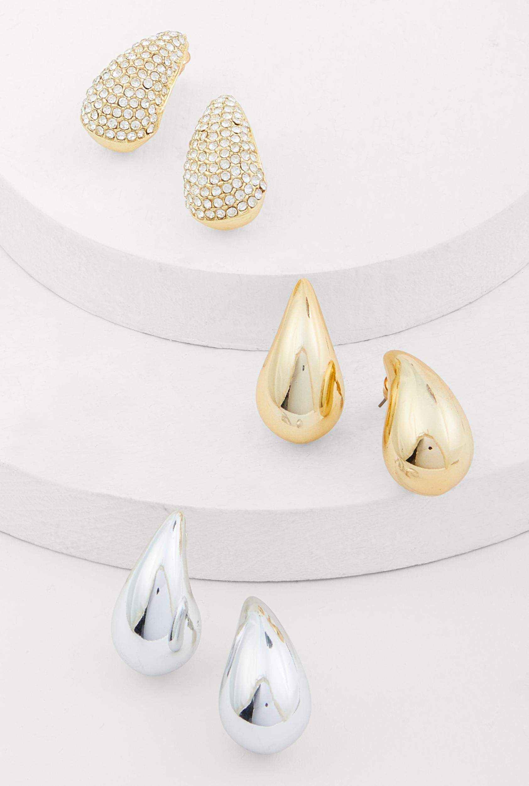 Metallic Rhinestone Teardrop Stud Earrings Set of 3 Unisex Product Image