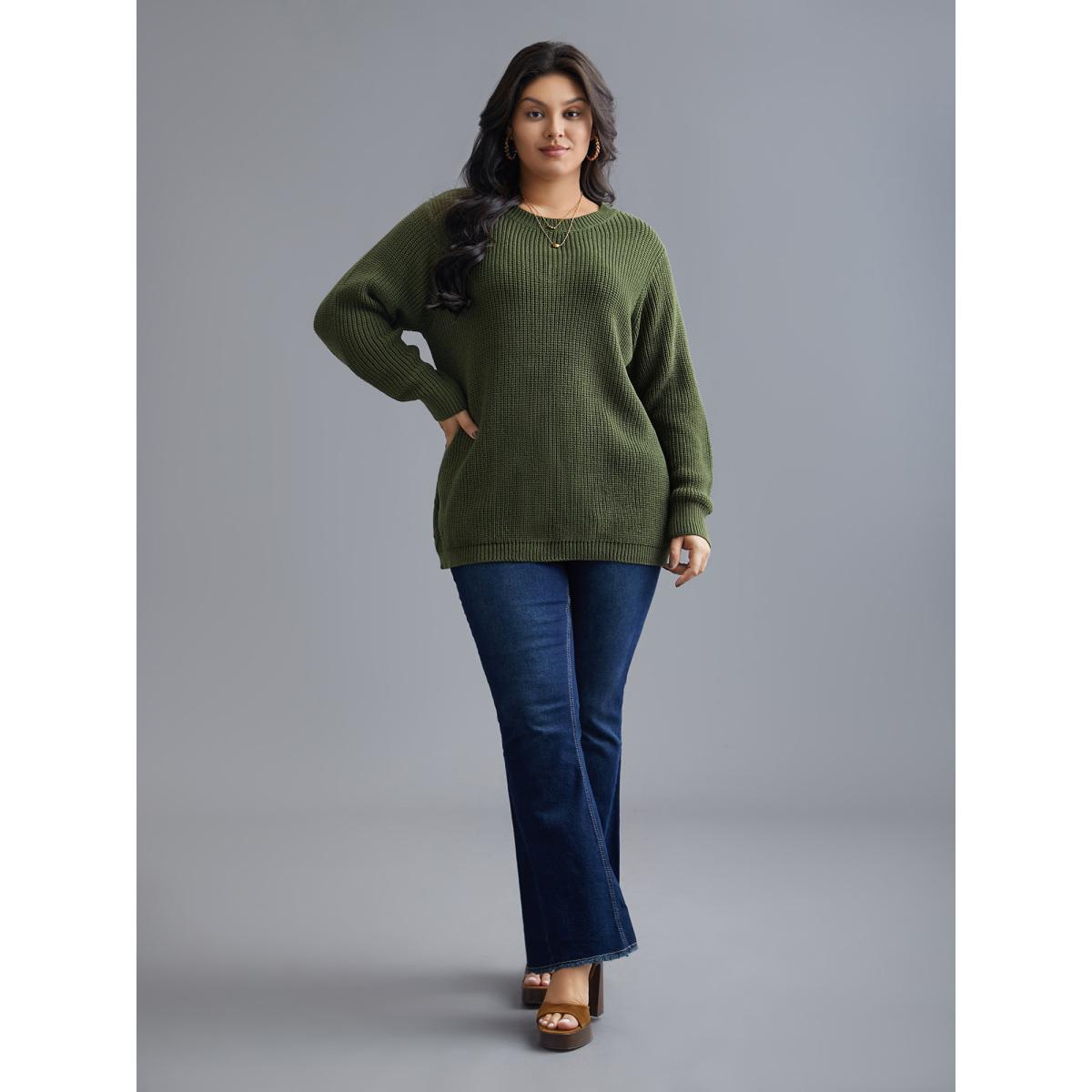 Plus Size Plain Hollow Out Cable Knit Pullover Moss Women Leisure Loose Long Sleeve Round Neck Casual Pullovers BloomChic 28/5X Product Image