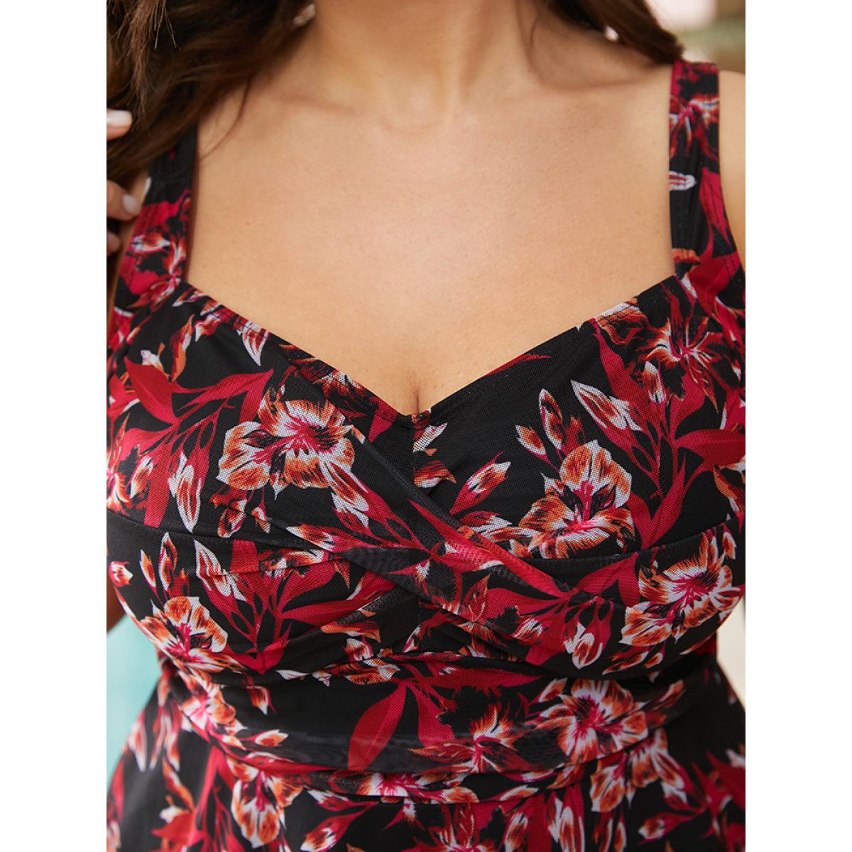 Plus Size Floral Ruched Crossover Sculpt Waist V Neck Swim Dress Women's Swimwear BlackFlower Vacation Bodycon Spaghetti Strap High stretch Curve Swim Dresses BloomChic 30/6X Product Image