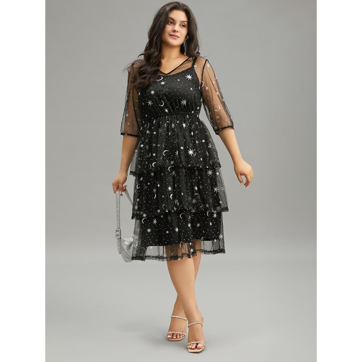 Plus Size Crochet Lace Mesh Moon & Star Dress Black Women Cocktail See through V-neck Elbow-length sleeve Curvy Midi Dress BloomChic 30/6X Product Image