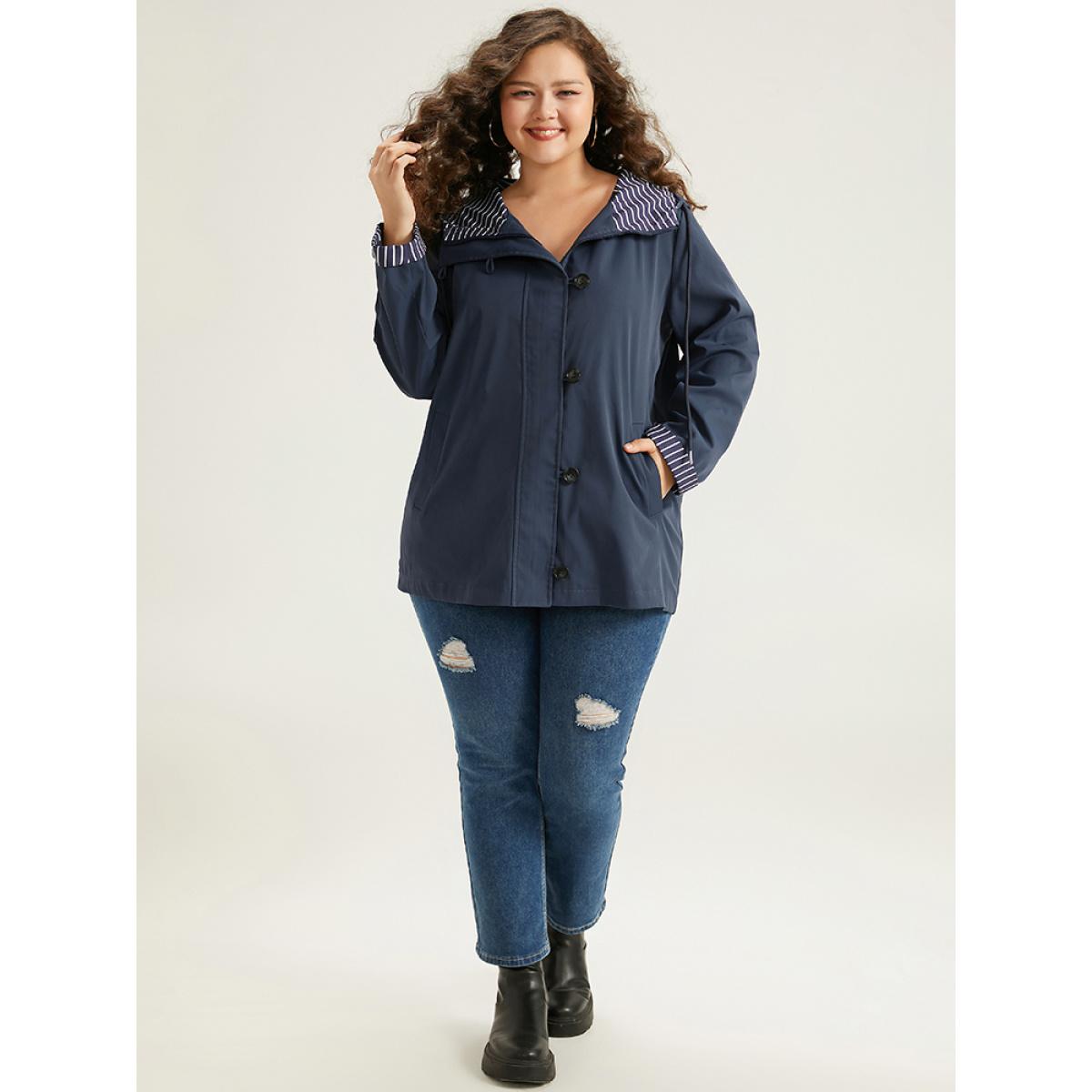 Plus Size Striped Patchwork Zipper Pocket Drawstring Coat Women DarkBlue Casual Contrast Ladies Everyday Winter Coats BloomChic 26/4X Product Image