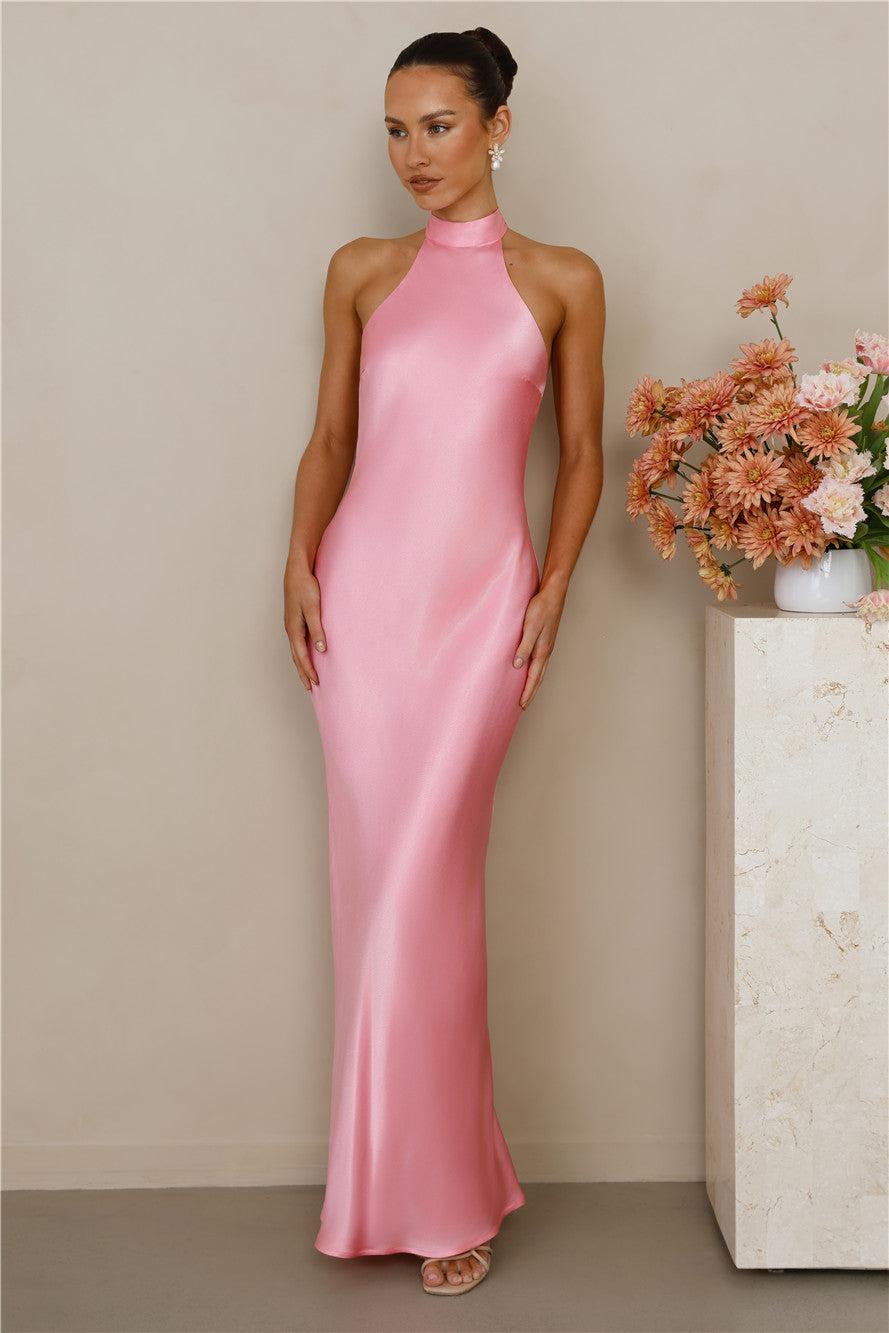 The Cleo Halter Satin Maxi Dress Candy Product Image