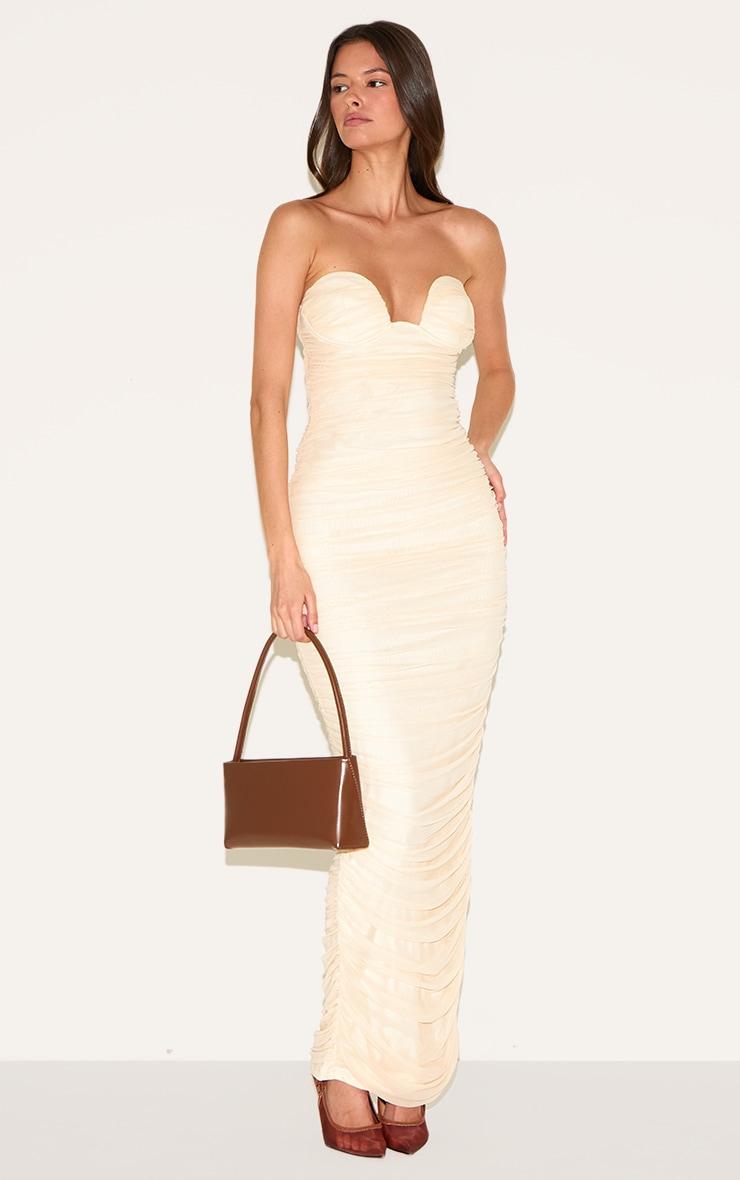 Almond Mesh Ruched Bandeau Maxi Dress Product Image