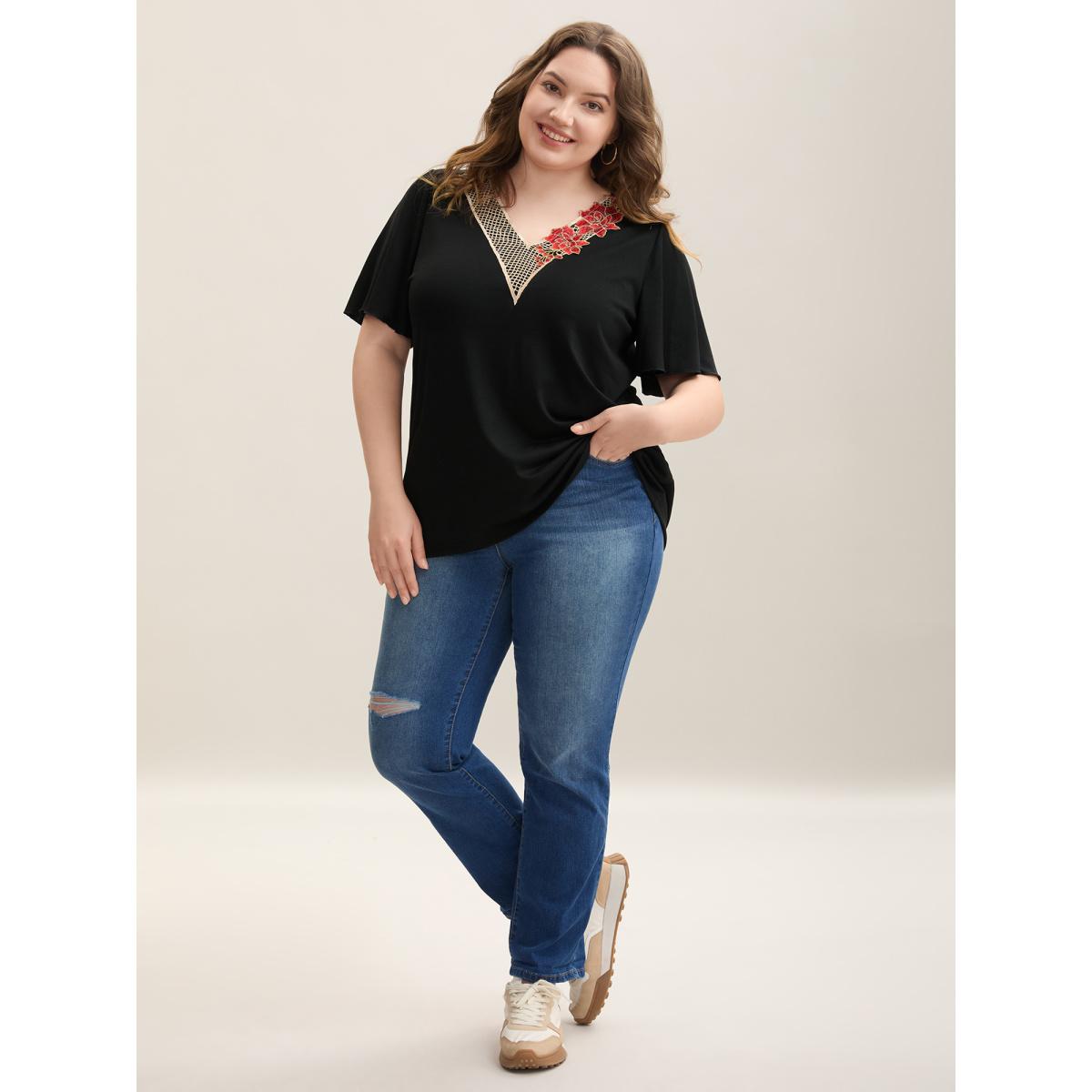 Plus Size Lace Floral Flutter Plain T-Shirt Black Women Casual Woven ribbon&lace trim V-neck Everyday T-shirts BloomChic 26/4X Product Image