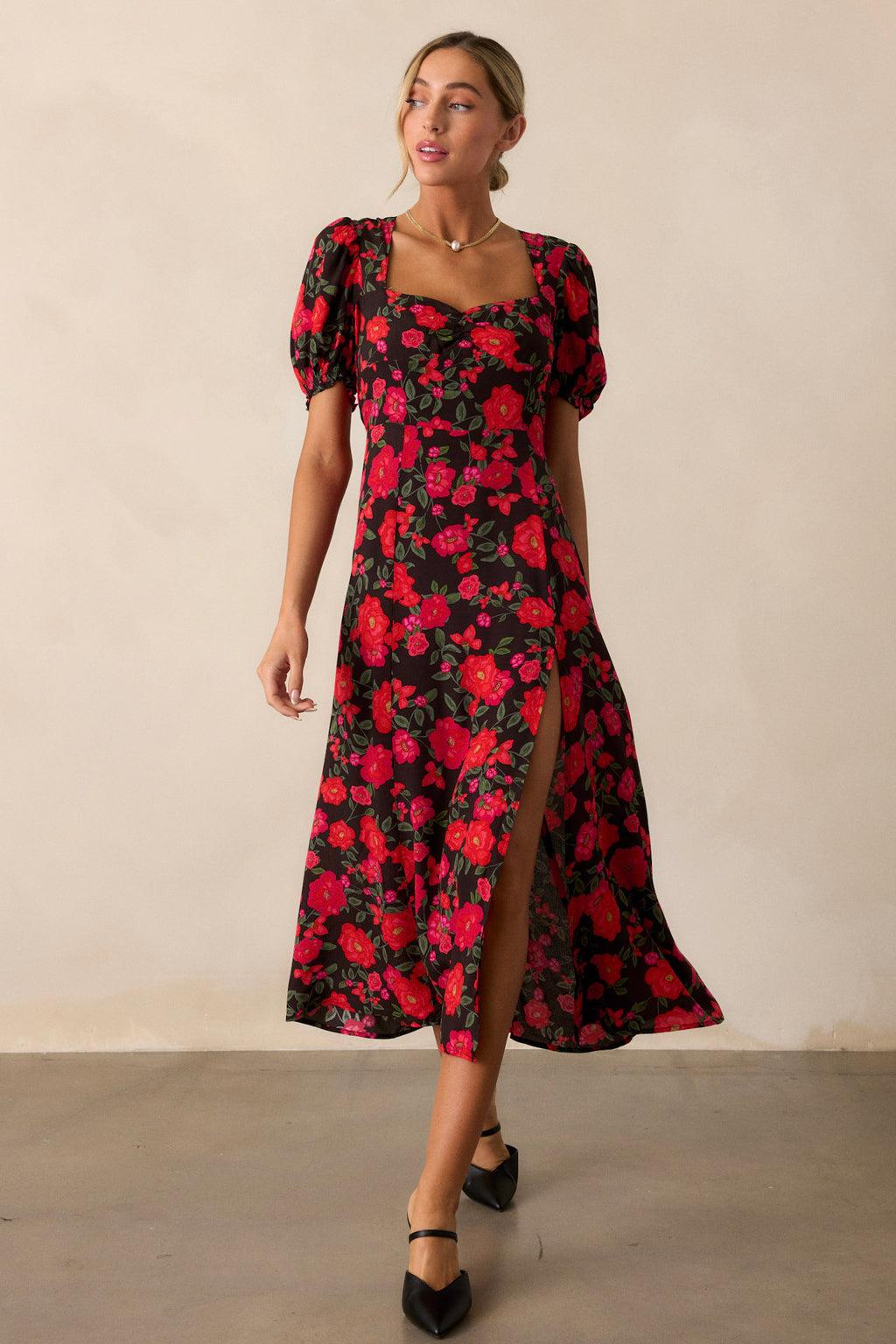 All Eyes On You Red Floral Puff Sleeve Midi Dress Product Image