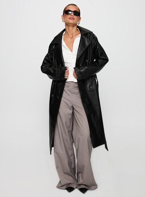 Think Later Faux Leather Trench Coat Black Product Image