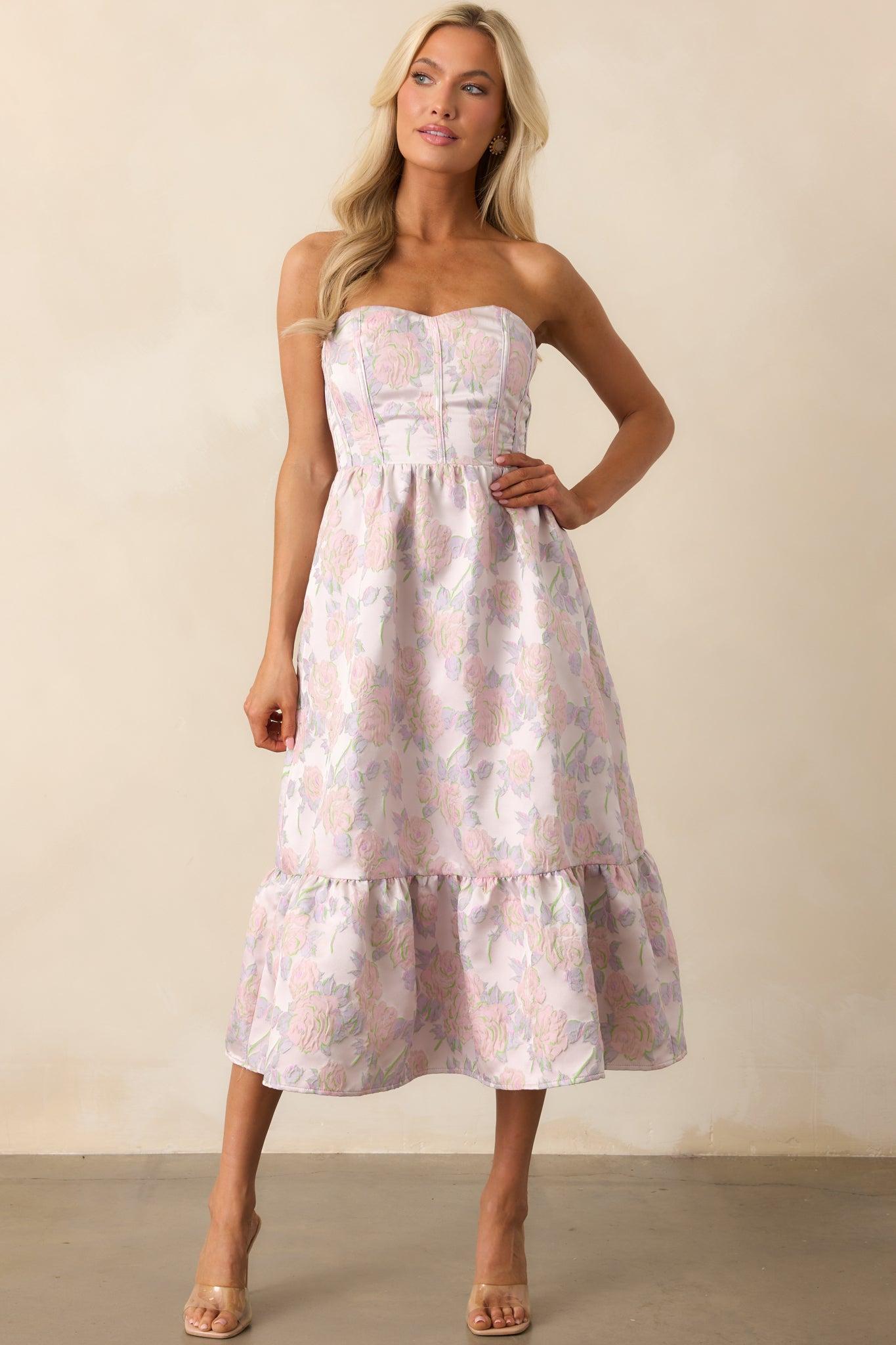 In The Spotlight Lavender Floral Jacquard Strapless Midi Dress Product Image