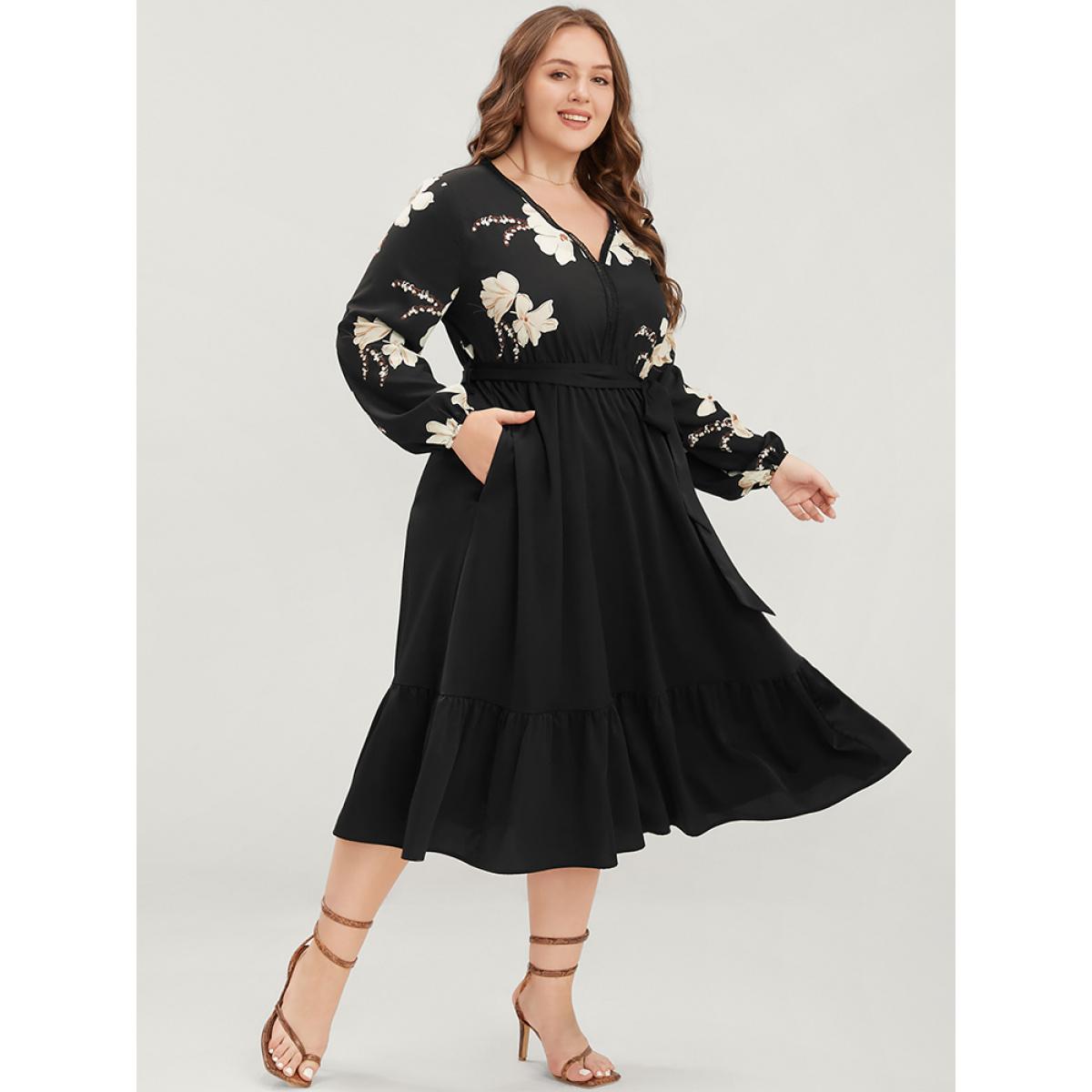 Plus Size Floral Pocket Broderie Anglaise Lantern Sleeve Belted Flutter Dress BlackFlower Women Elegant Pocket V-neck Long Sleeve Curvy Midi Dress BloomChic 10/M Product Image