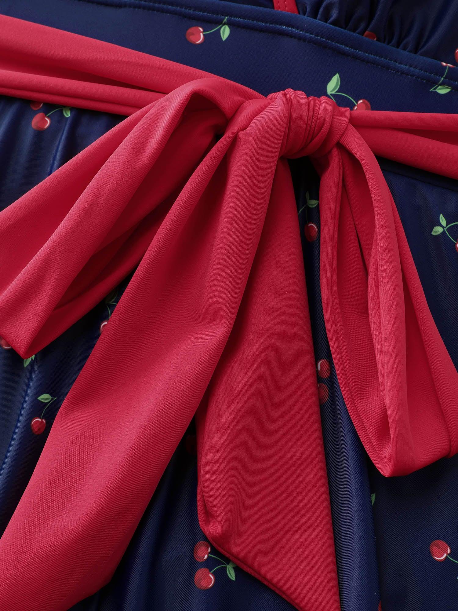 Cherry Print Belted Color Contrast Swim Dress Female Product Image
