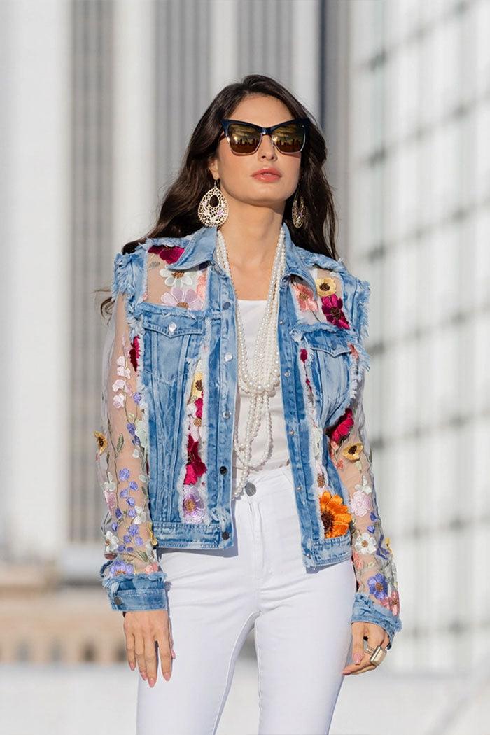 Denim Lace Jacket with Floral Embroidery Product Image