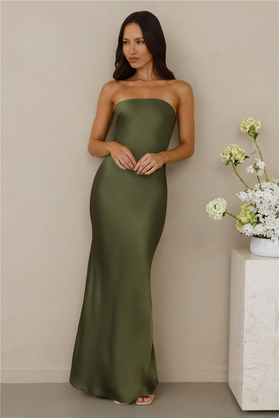 The Felicity Strapless Satin Maxi Dress Olive Product Image