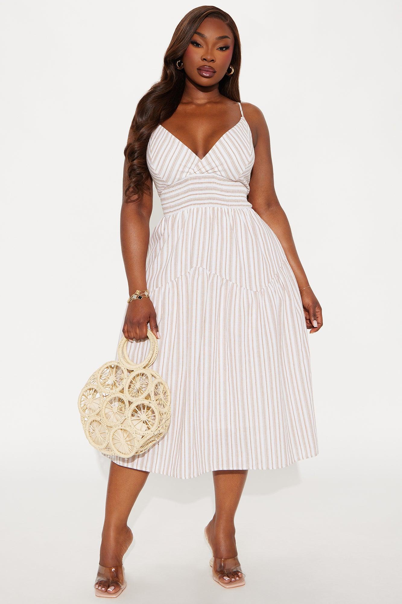 Seaside Vacay Striped Linen Midi Dress - Taupe/combo Product Image