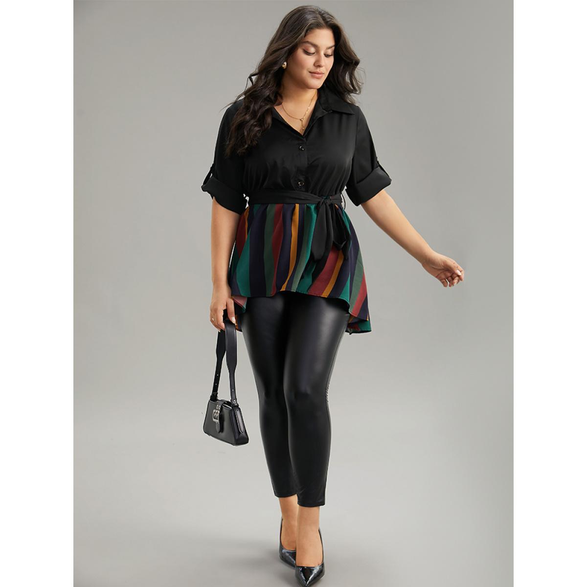 Plus Size Black Colour Striped Patchwork Belted Tab Sleeve Blouse Women Office Elbow-length sleeve Shirt collar Office Blouses BloomChic 22-24/3X Product Image