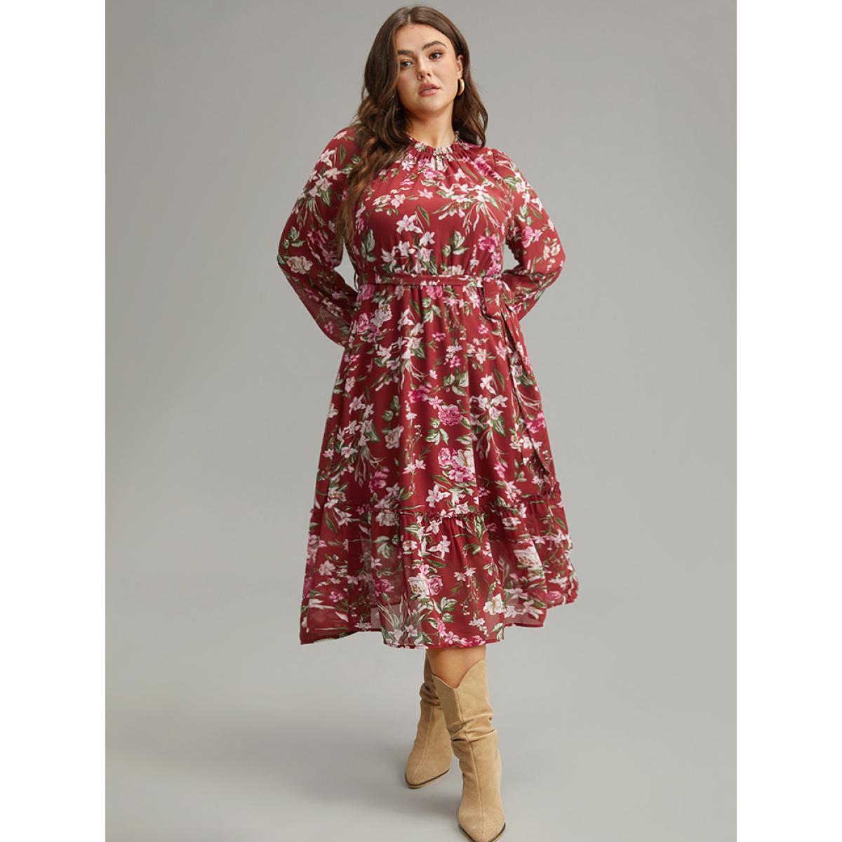 Plus Size Floral Print Belted Patchwork Gathered Dress Scarlet Women Elegant Elastic cuffs Round Neck Long Sleeve Curvy Midi Dress BloomChic 28/5X Product Image