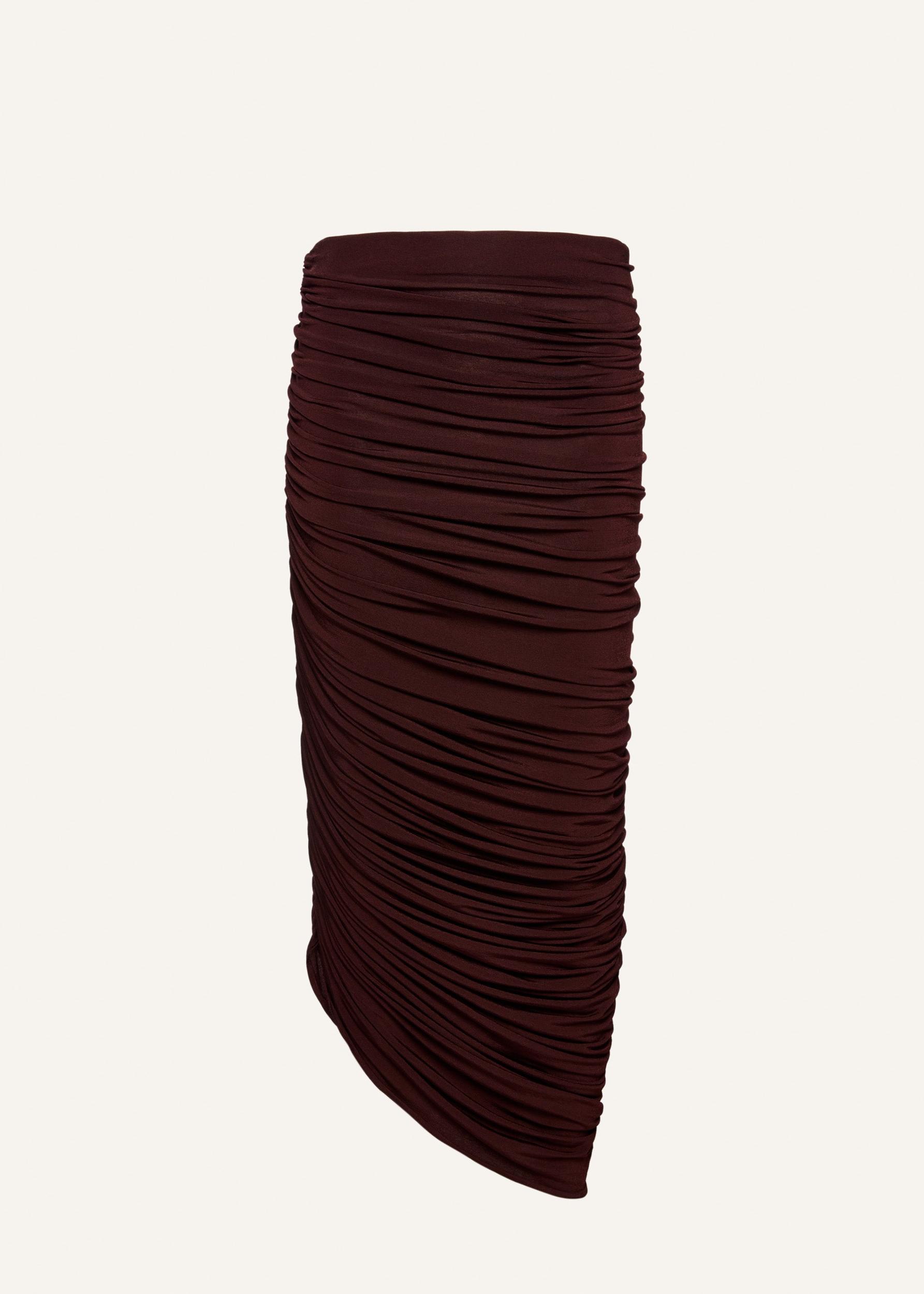 Asymmetrical draped midi skirt in bordeaux Product Image