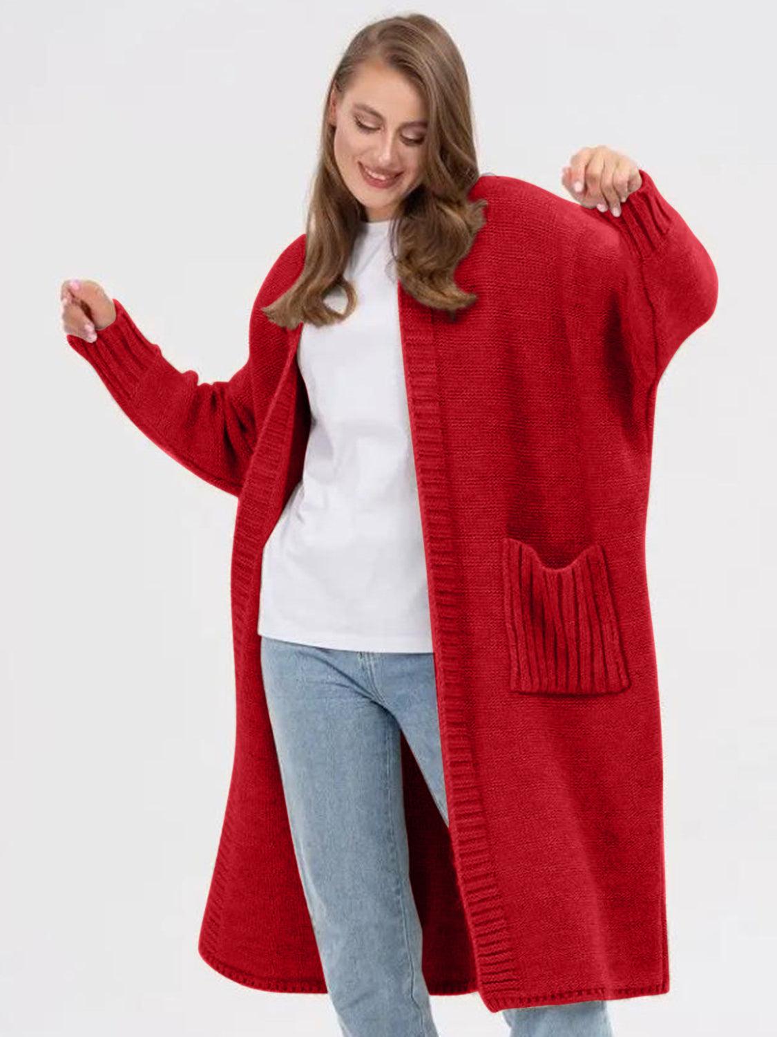 Pocketed Open Front Long Sleeve Longline Cardigan Product Image