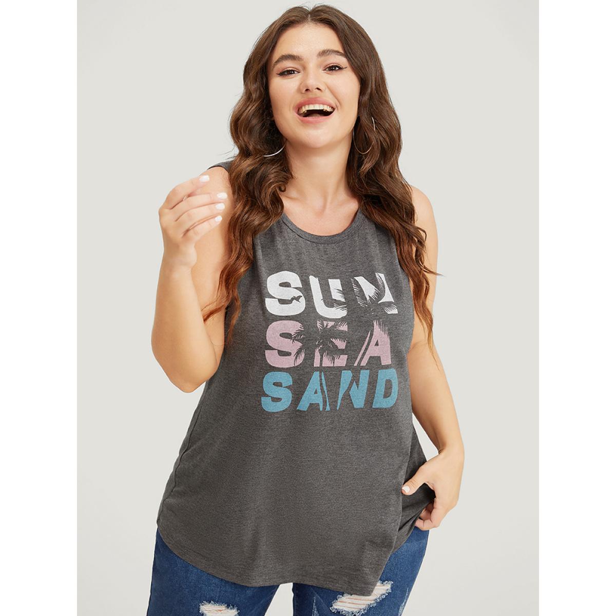 Plus Size Letter & Coconut Tree Print Crew Neck Graphic Tank Top Women Gray Casual Dailywear Tank Tops Camis BloomChic 12/L Product Image