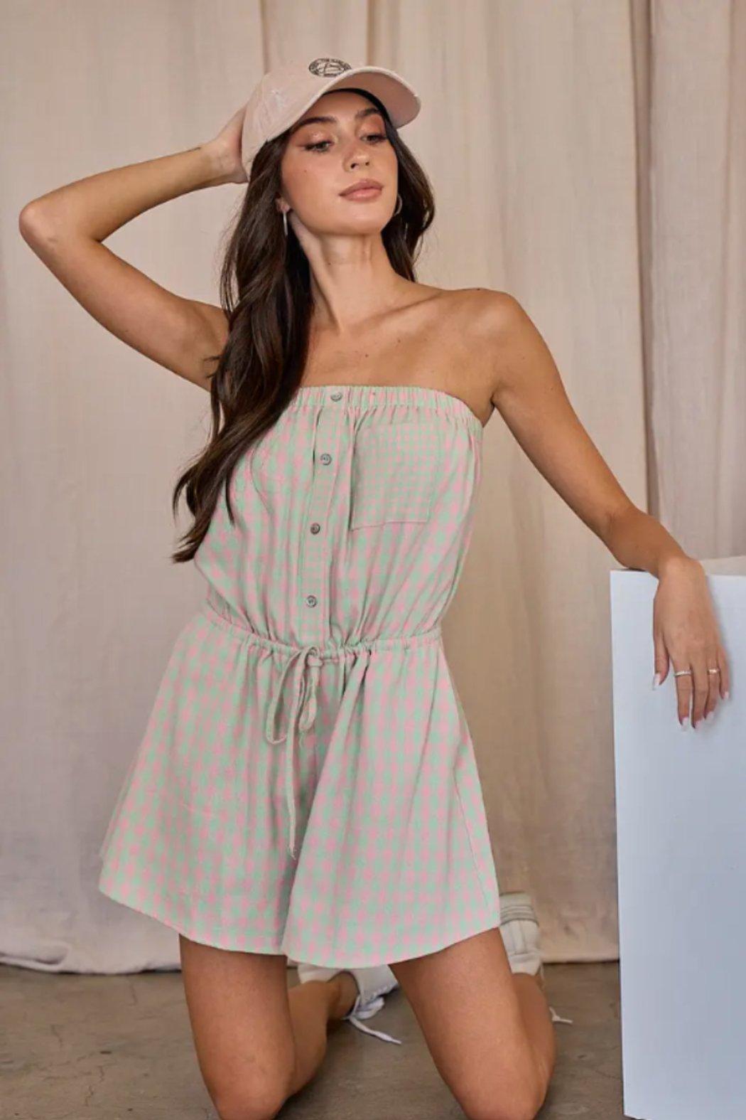 Plaid Tube Shorts Romper Product Image