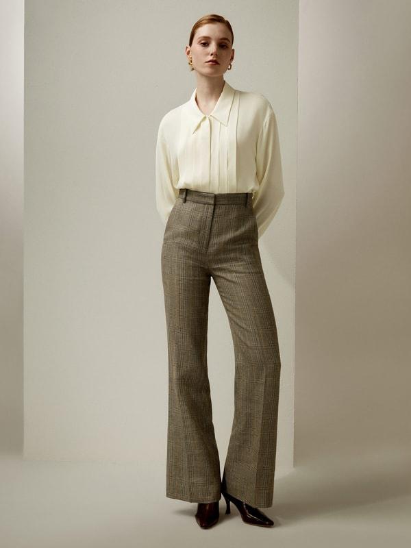 Pleated Point Collar Silk Blouse Product Image