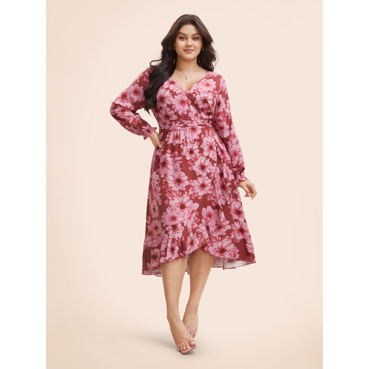 Plus Size Floral Overlap Collar Ruffle Trim Dress RedViolet Women Elegant Gathered Overlap Collar Long Sleeve Curvy BloomChic 22-24/3X Product Image