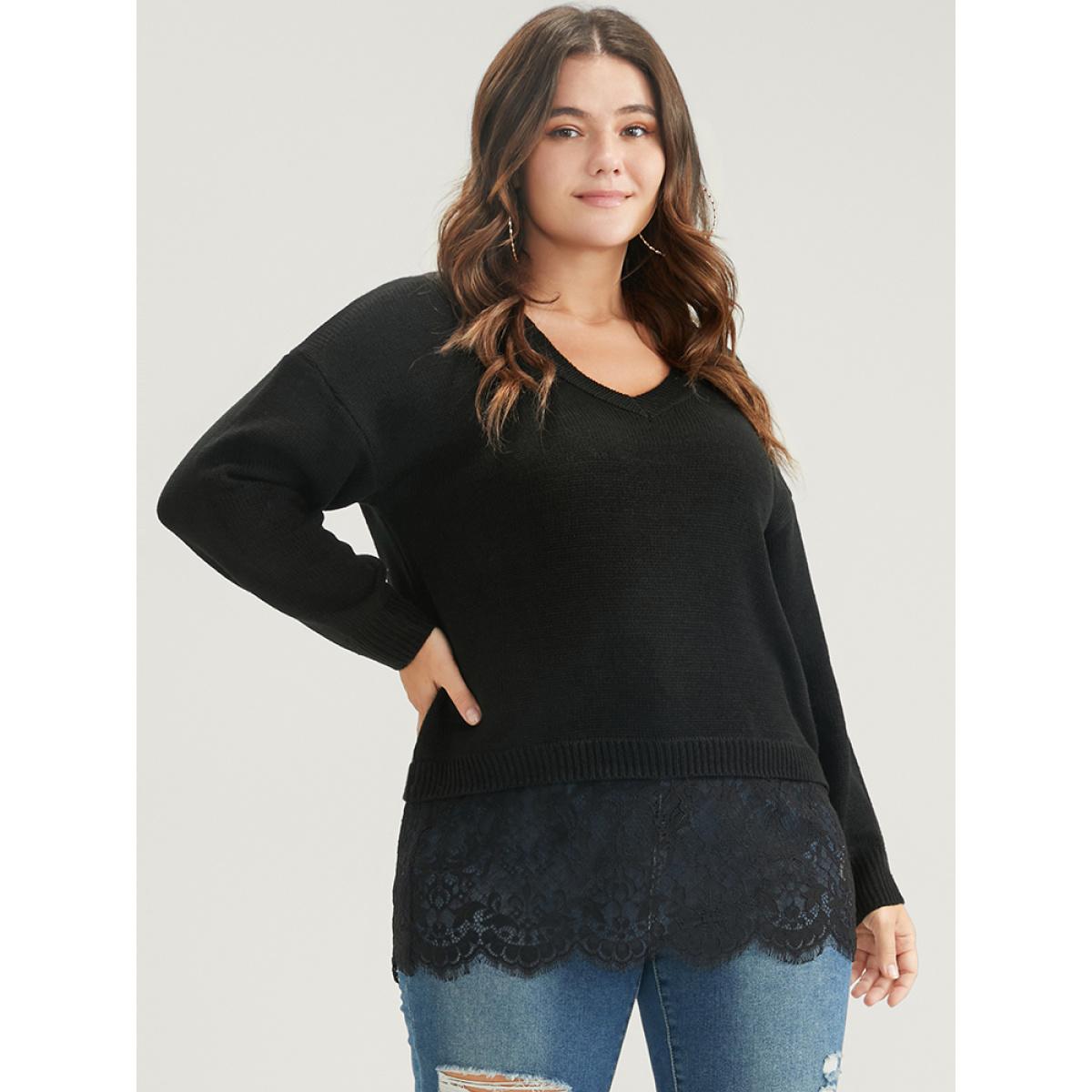 Plus Size Solid Pointelle Knit V Neck Lace Hem Knit Top Black Women Casual Long Sleeve V-neck Dailywear Pullovers BloomChic 14-16/1X Product Image