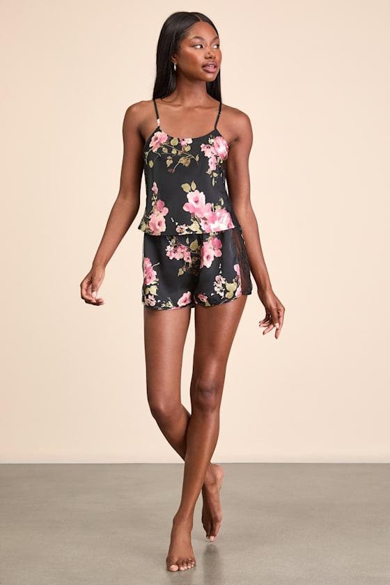 Suzannah Black Floral Satin Two-Piece Pajama Set Product Image