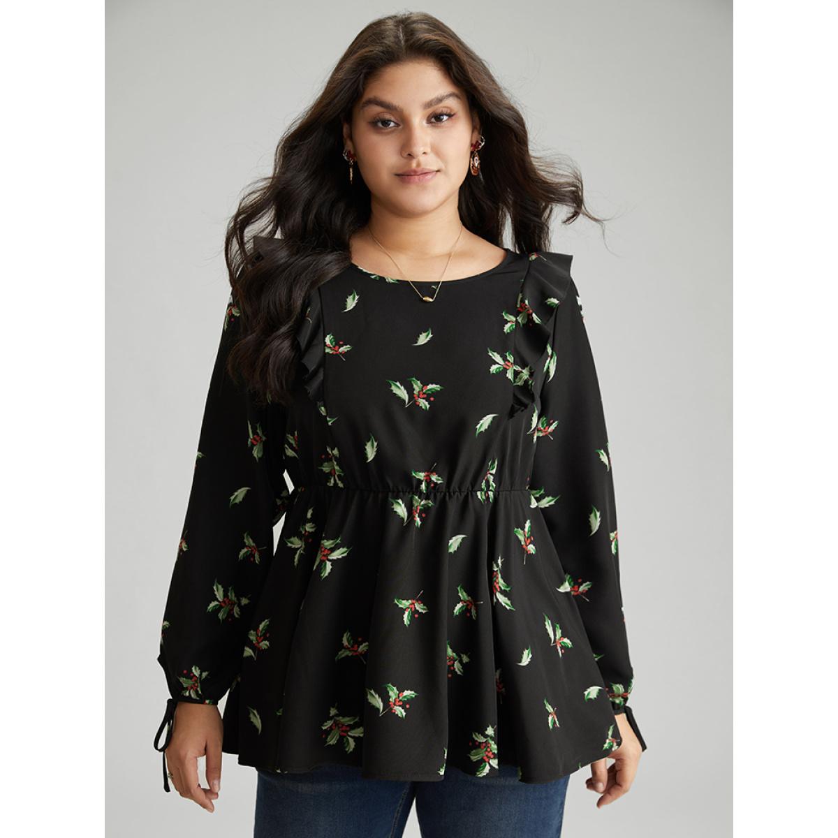 Plus Size Black Christmas Ruffles Elastic Waist Ties Lantern Sleeve Blouse Women Elegant Long Sleeve Round Neck Festival-Christmas Blouses BloomChic 26/4X Product Image