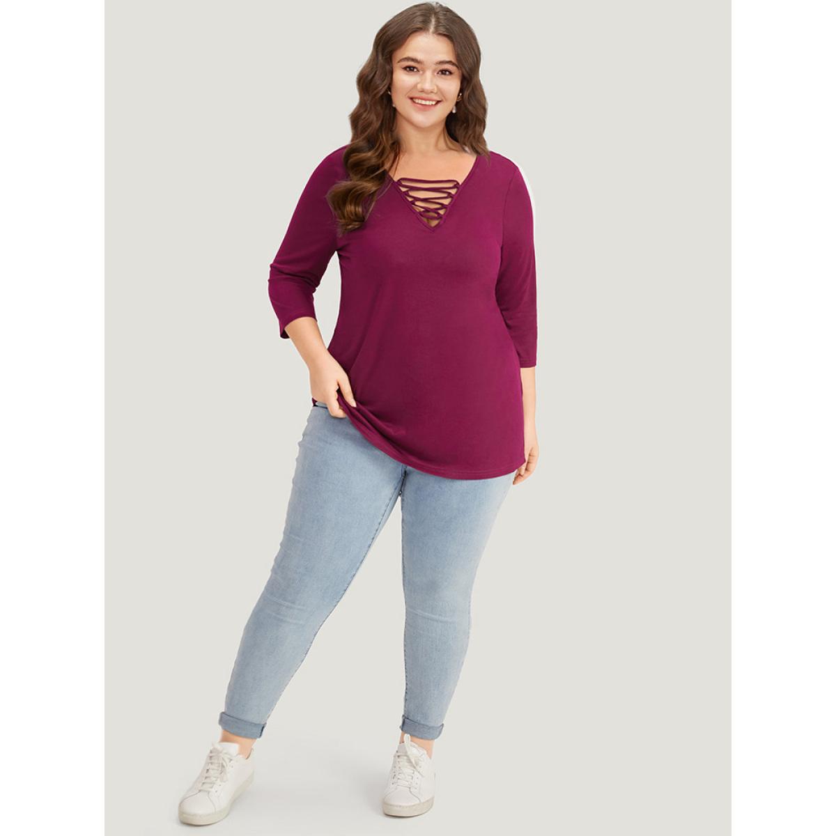 Plus Size Solid Crisscross Three Quater Length Sleeve Deep V Neck T-shirt Burgundy Women Casual Plain Plain Deep V-neck Dailywear T-shirts BloomChic 10/M Product Image