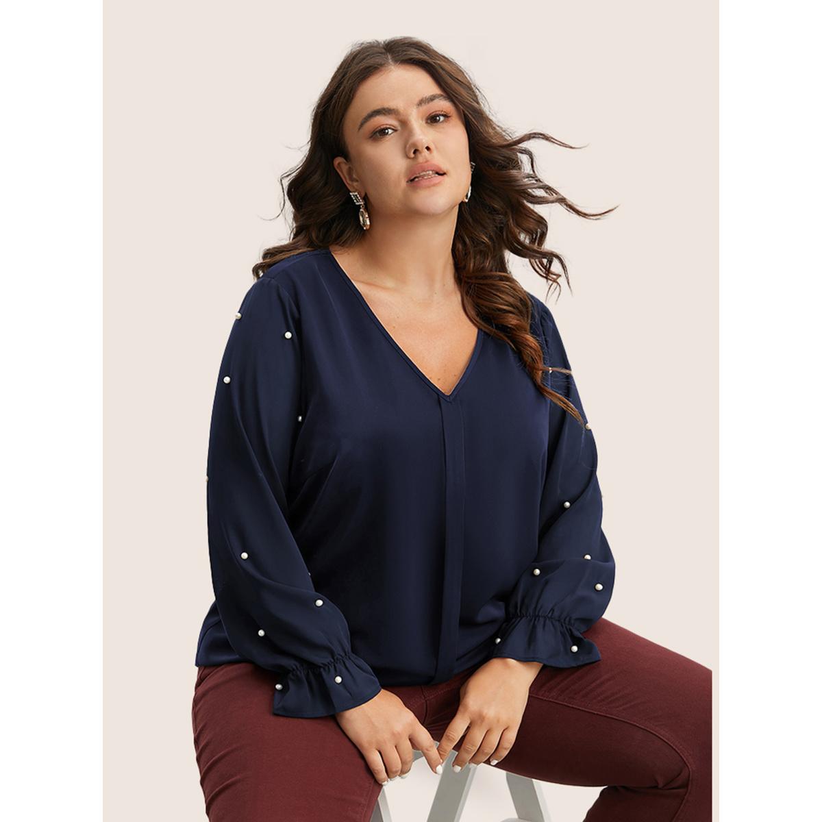 Plus Size Indigo Pearl Beaded Mesh Patchwork Ruffles Blouse Women Cocktail Long Sleeve V-neck Party Blouses BloomChic 12/L Product Image
