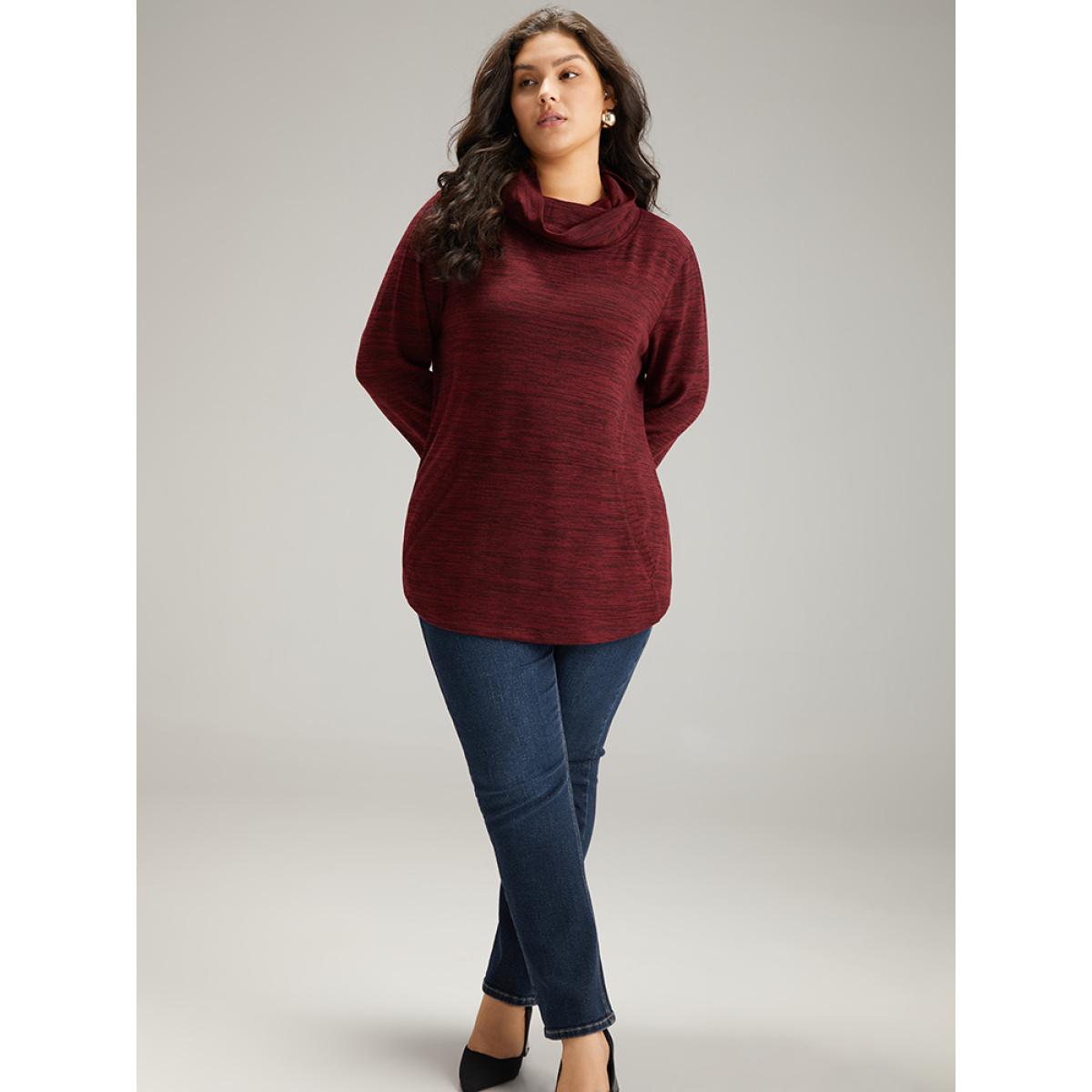 Plus Size Plain Turtleneck Pocket Heather Sweatshirt Women Burgundy Elegant Plain Turtleneck Dailywear Sweatshirts BloomChic 18-20/2X Product Image