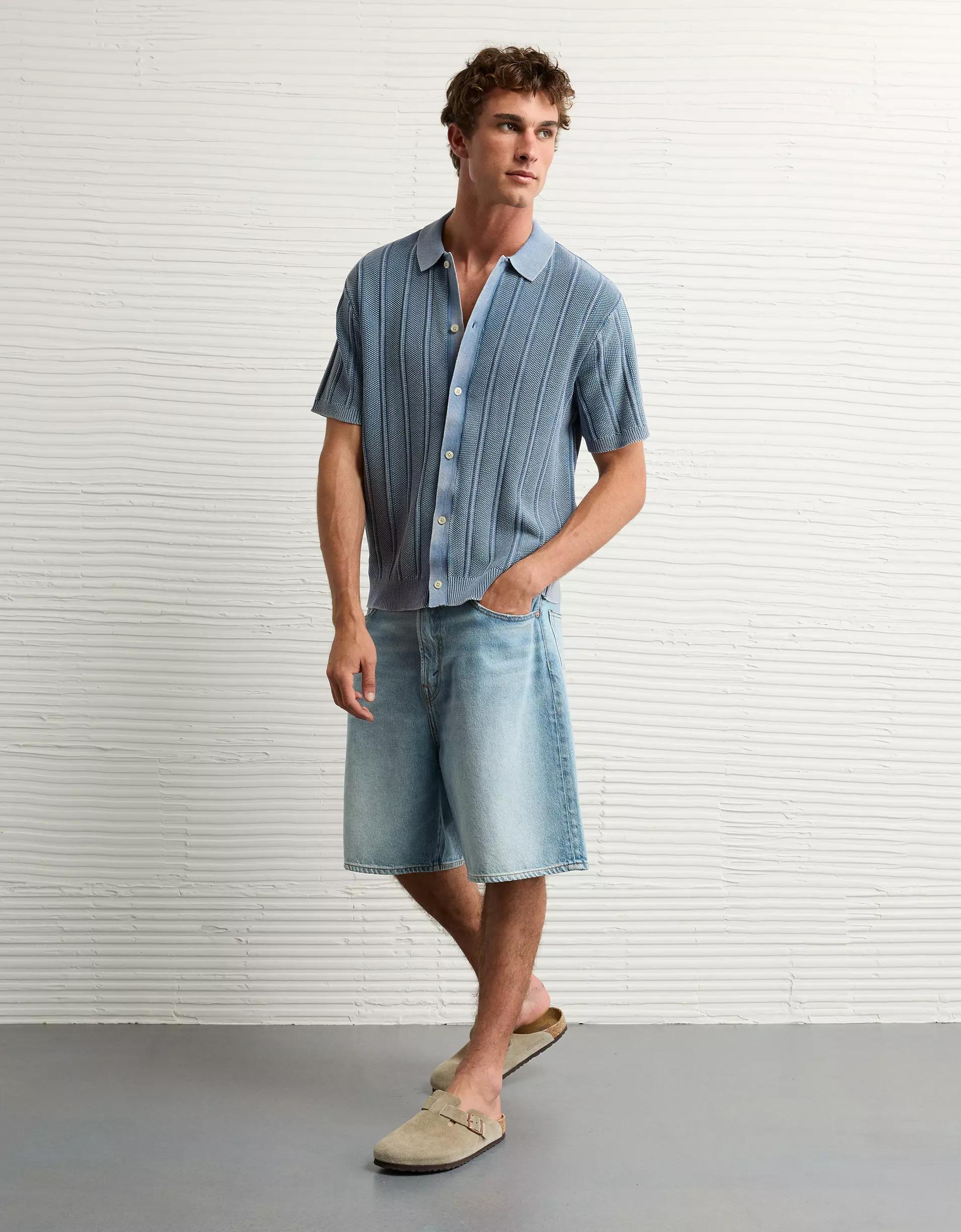 AE Weekend Washed Button-Up Sweater Polo Shirt Product Image