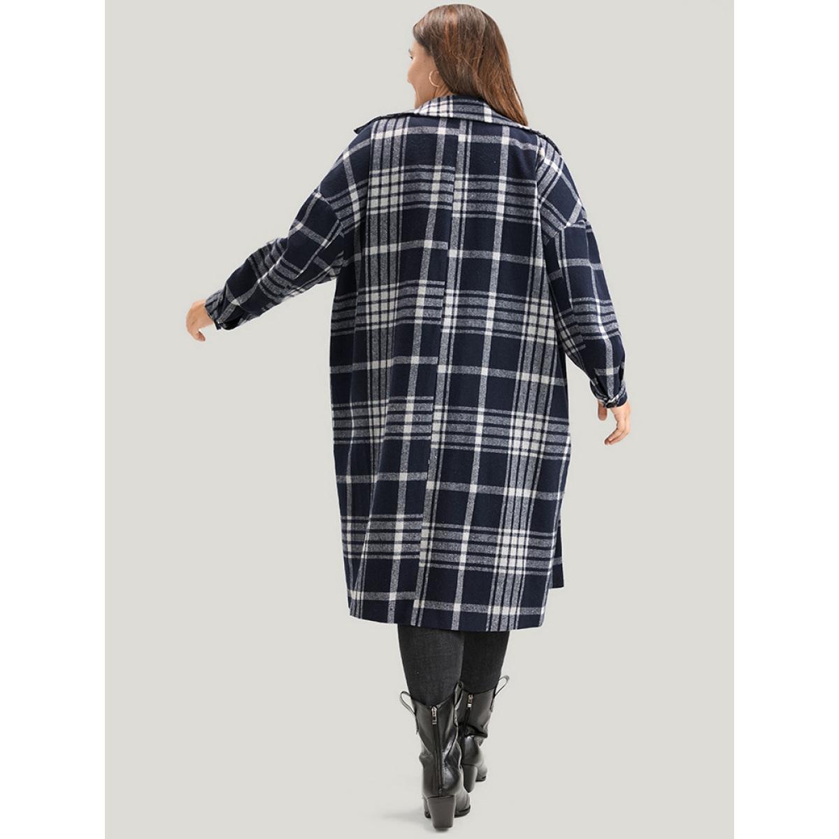 Plus Size Plaid Pocket Button Up Coat Without Belt Women Indigo Casual Pocket Ladies Dailywear Winter Coats BloomChic 30/6X Product Image