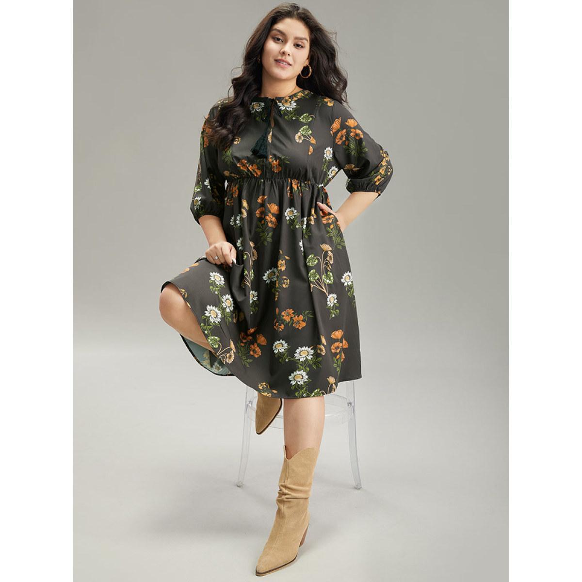 Plus Size Floral Tassel Trim Gathered Knot Neck Dress Black Women Vacation Elastic cuffs Tie Neck Elbow-length sleeve Curvy Knee Dress BloomChic 30/6X Product Image