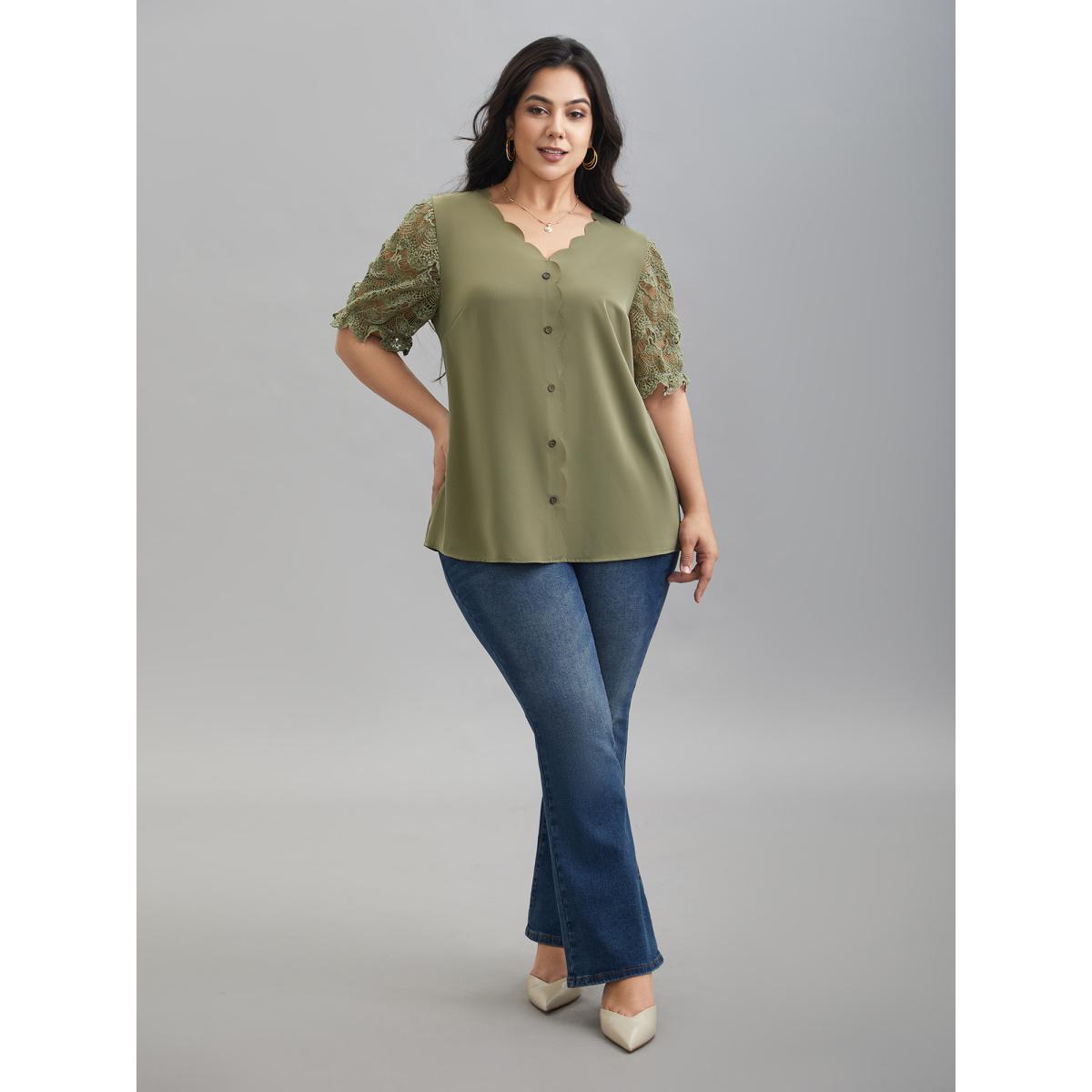 Plus Size Sage Lace Patchwork Scalloped Neck Front-Placket Blouse Women Elegant Half Sleeve V-neck Everyday Blouses BloomChic 12/L Product Image