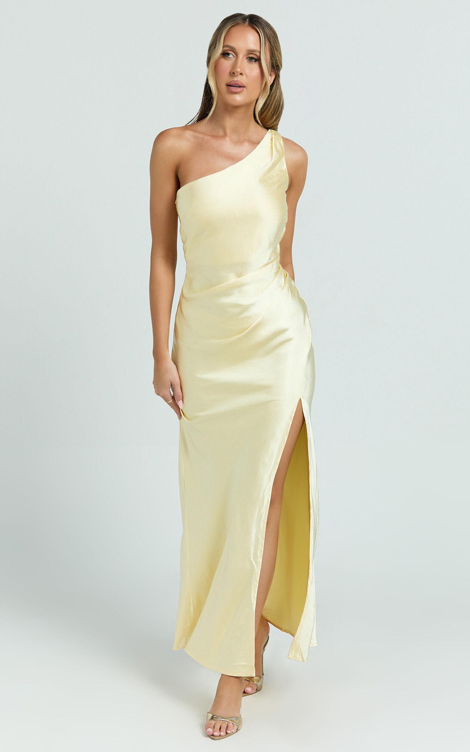 Isla Maxi Dress - Satin One Shoulder Side Split Dress in Lemon Product Image