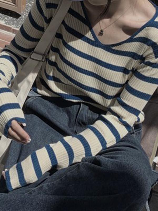 V Neck Stripe Long Sleeve Knit Product Image