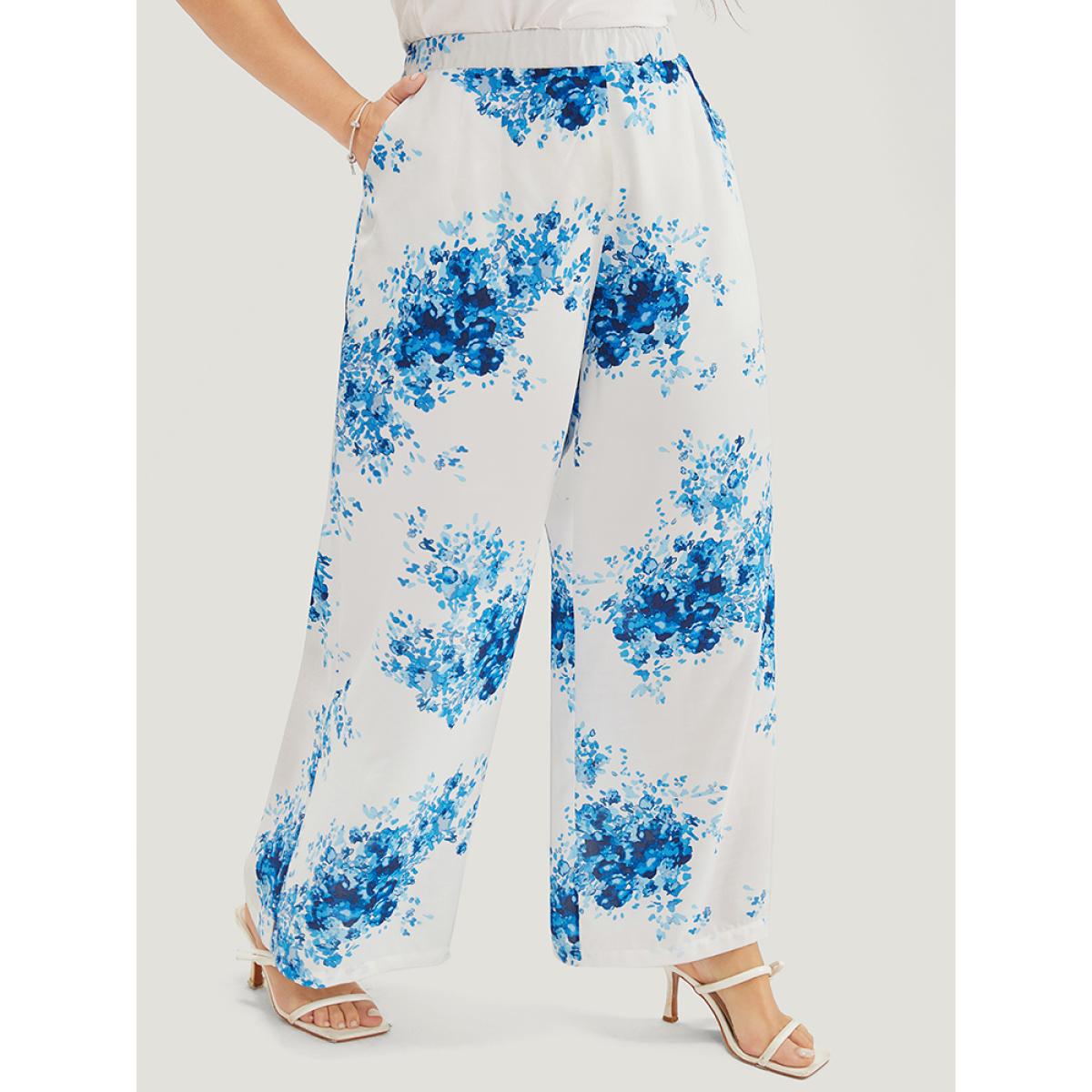 Plus Size Graphic Print Wide Leg Mid Rise Pocket Pants Women Cerulean Elegant Mid Rise Dailywear Pants BloomChic 14-16/1X Product Image