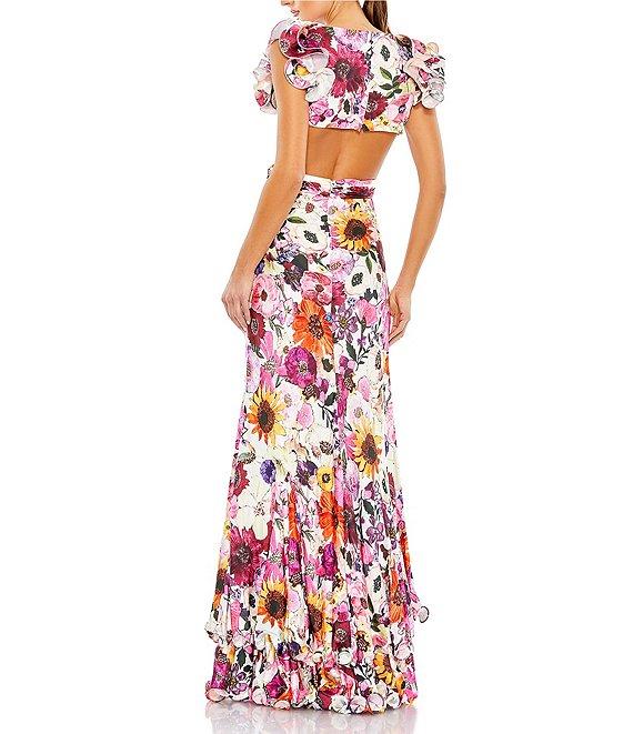 Mac Duggal Floral Charmeuse V-Neck Sleeveless Ruffle O-Ring Cut-Out Tiered Gown Product Image