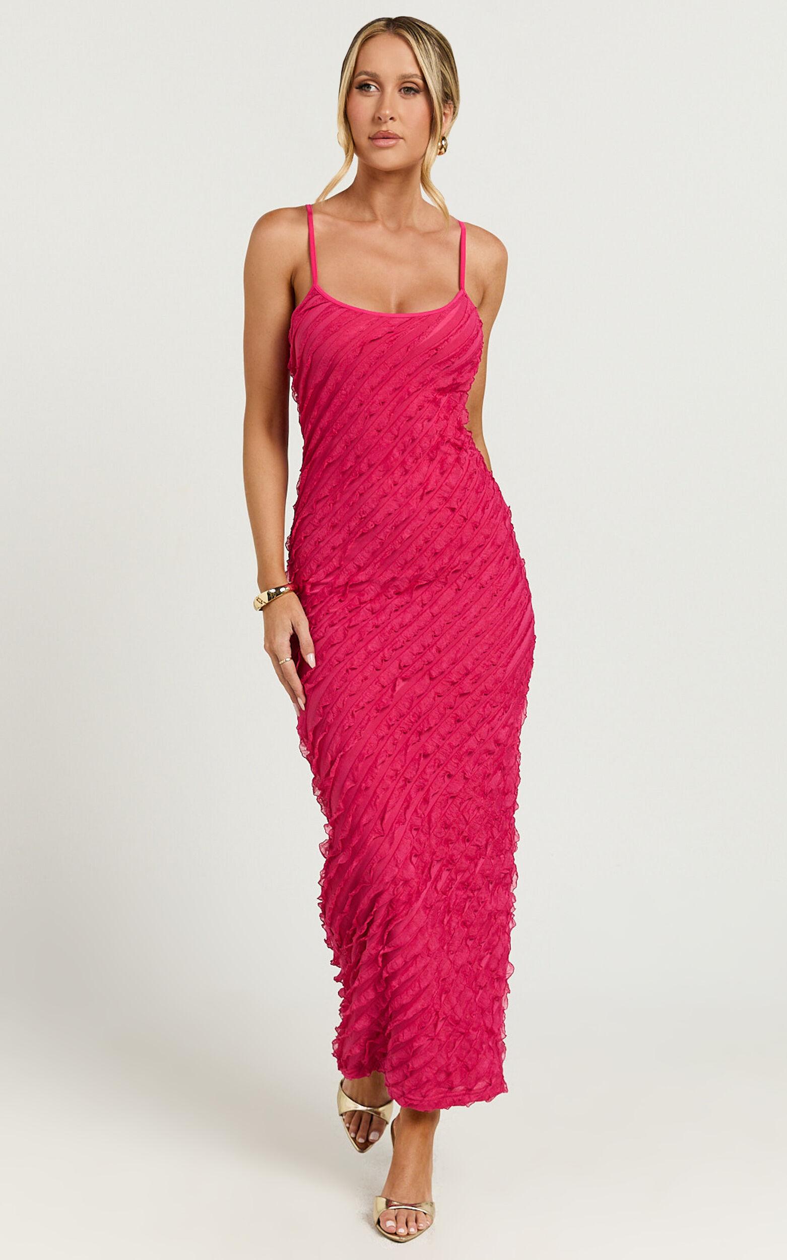 Lilibeth Midi Dress - Strappy Frill Detail Slip Dress in Pink Product Image