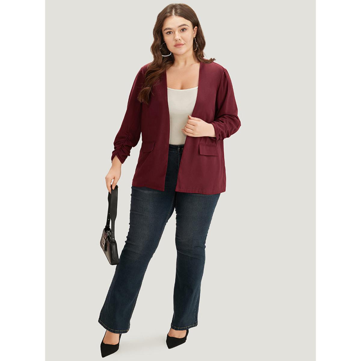 Plus Size Plain Pocket Open Front Gathered Blazer Scarlet Women Office Plain Elastic cuffs Sleeve Long Sleeve Open Front 28/5X Pocket Office Blazers BloomChic Product Image