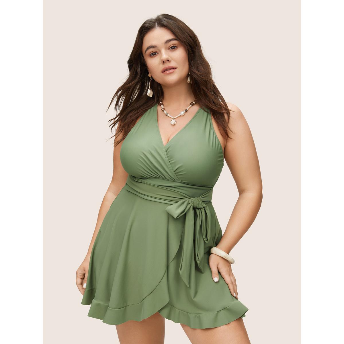 Plus Size Plain Ties Wrap Flutters Swim Dress Women's Swimwear Moss Resort Bodycon Overlap Collar High stretch Curve Swim Dresses BloomChic 10/M Product Image
