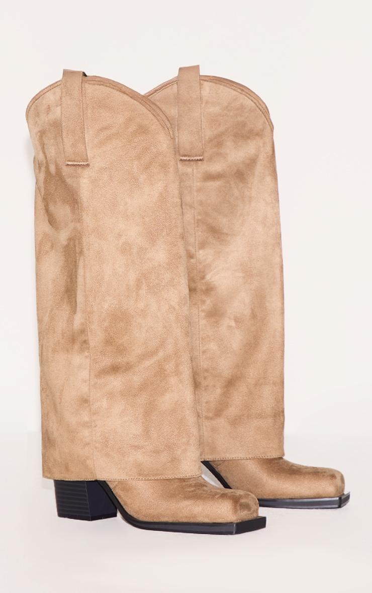 Stone Faux Suede Square Toe Fold Over Knee High Block Heel Western Boots Product Image