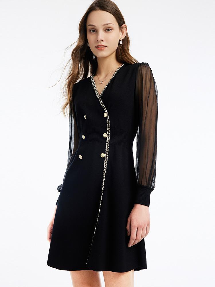 Tulle Sleeve V-Neck Double-Breasted Mini Dress Product Image