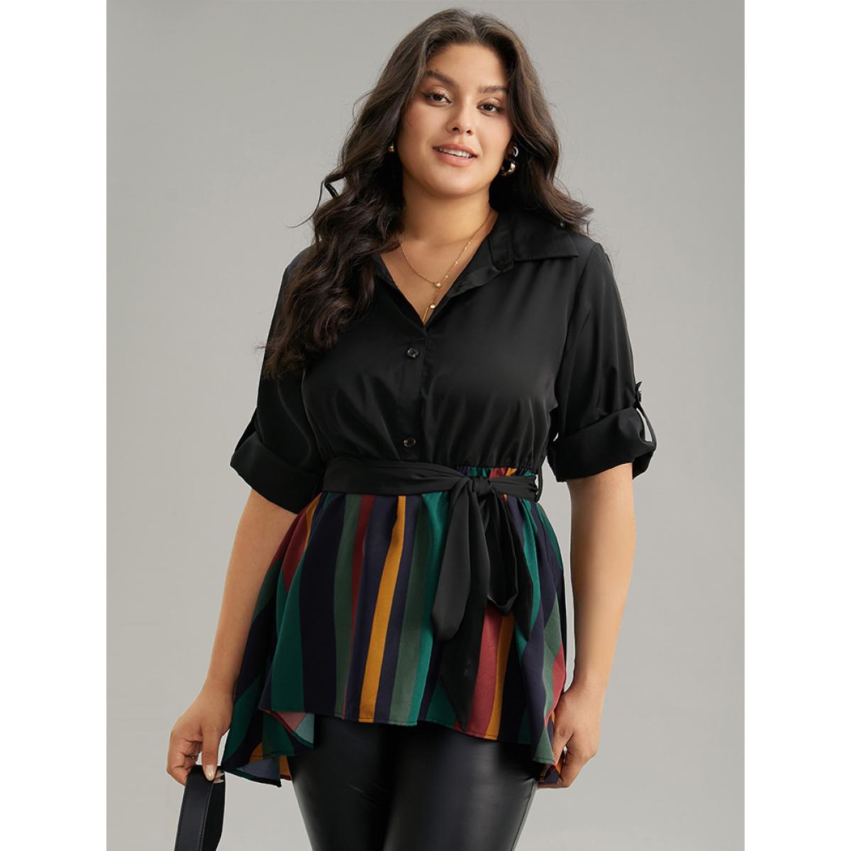 Plus Size Black Colour Striped Patchwork Belted Tab Sleeve Blouse Women Office Elbow-length sleeve Shirt collar Office Blouses BloomChic 22-24/3X Product Image