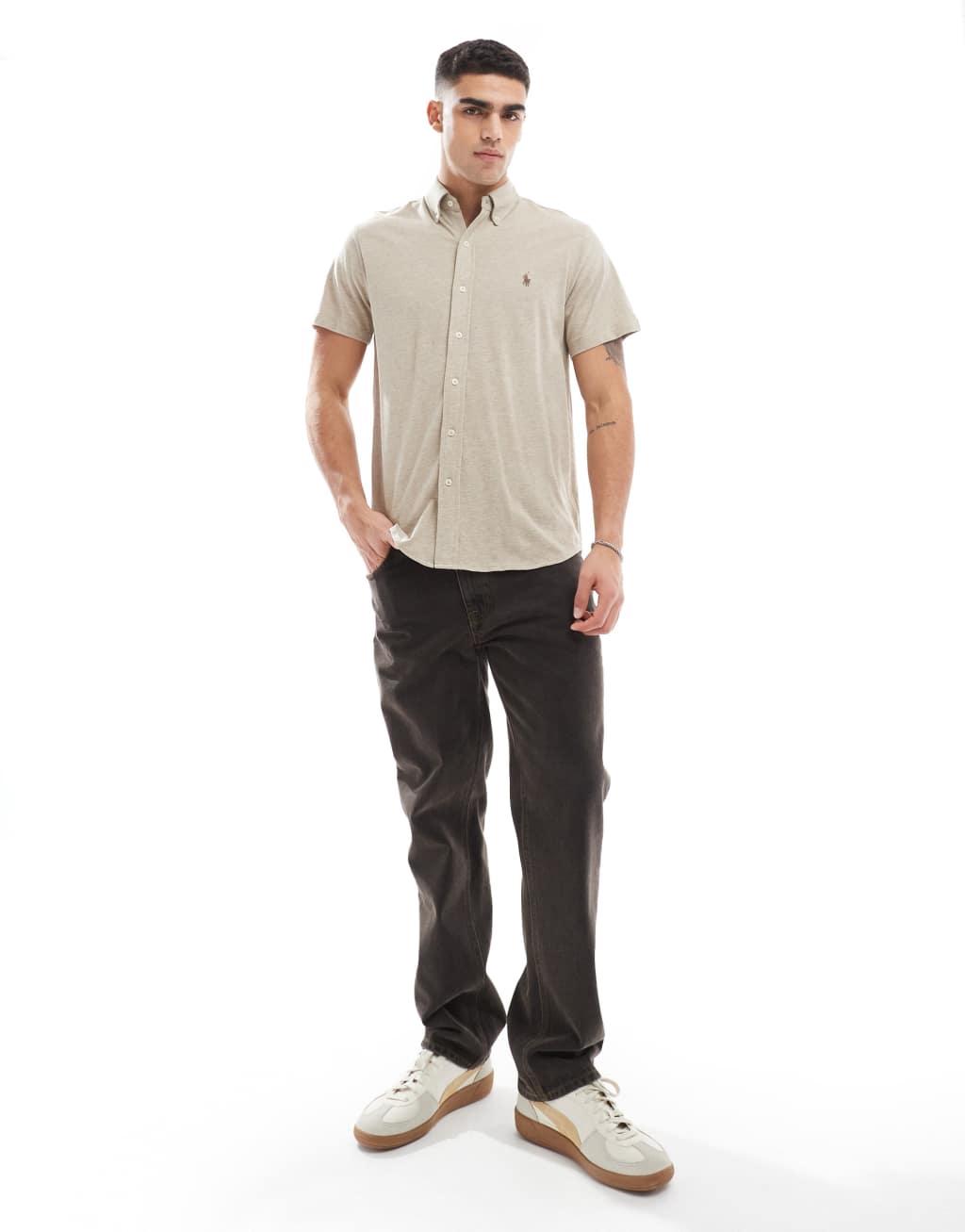 Polo Ralph Lauren icon logo short sleeve pique shirt in beige heather Product Image