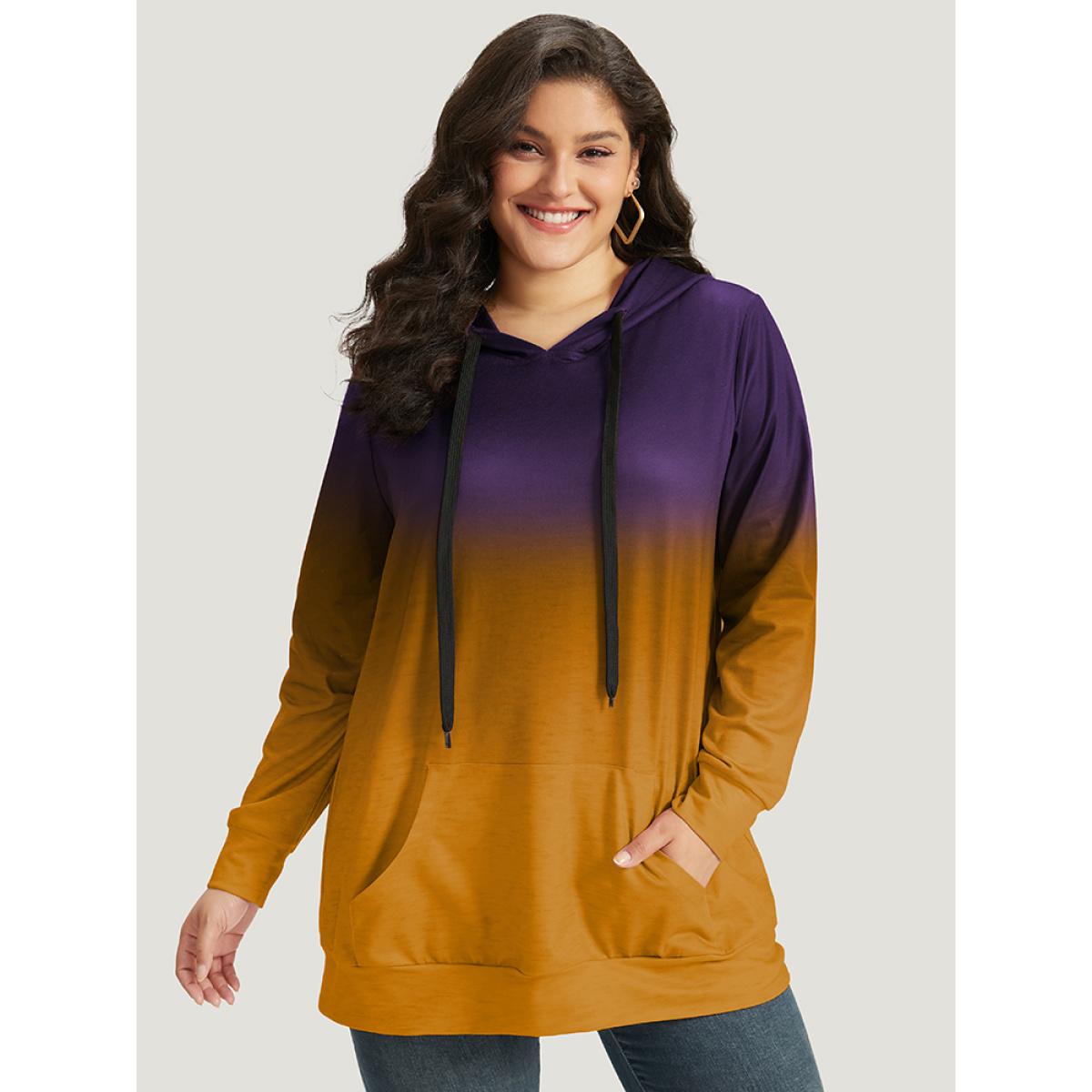 Plus Size Ombre Pocket Drawstring Hooded Sweatshirt Women Blackcurrant Casual Elastic cuffs Hooded Everyday Sweatshirts BloomChic 14-16/1X Product Image