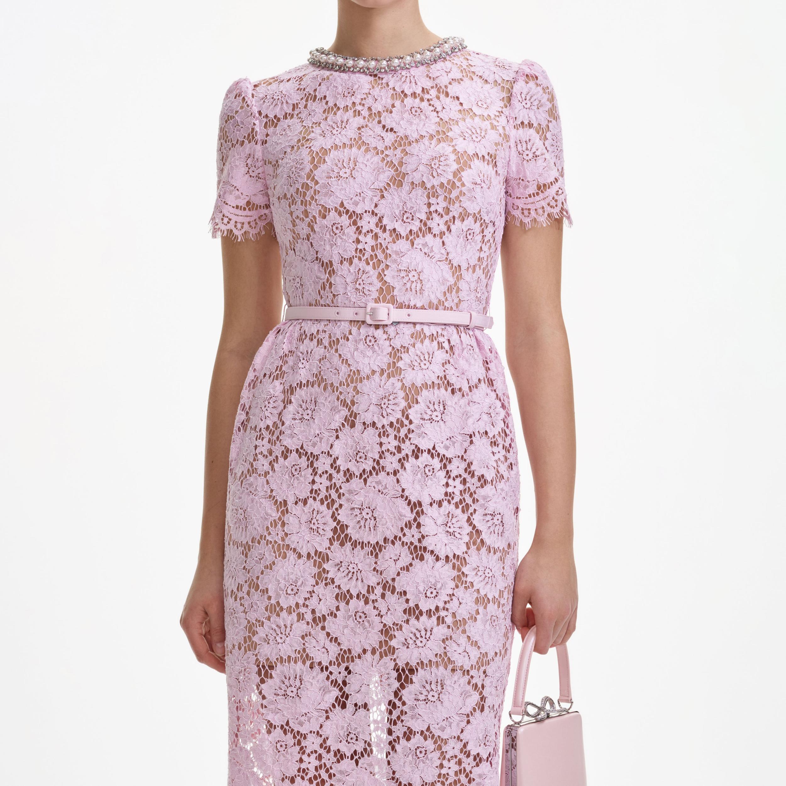 Pink Fine Lace Pearl Midi Dress Product Image