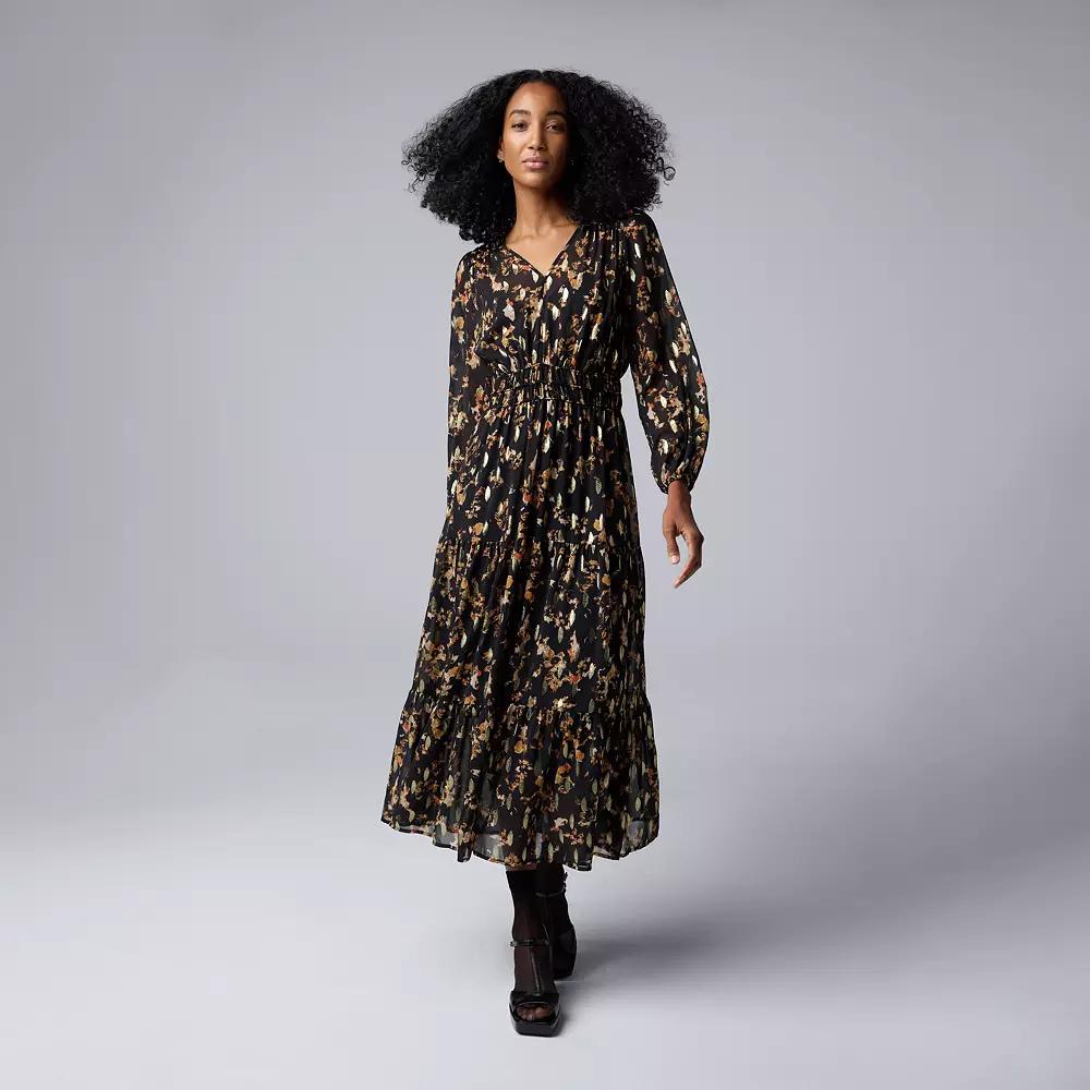 Women's Simply Vera Vera Wang V-Neck Tiered Maxi Dress, Size: XS, Black Gold Petals Product Image
