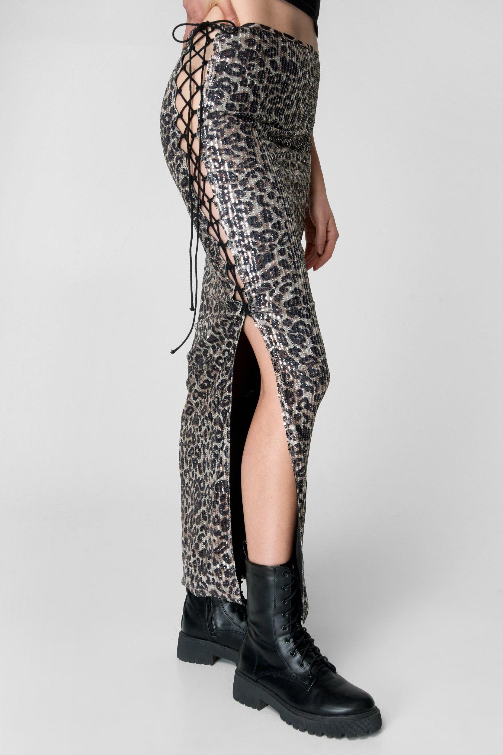 Leopard Sequin Lace Cut Out Maxi Skirt Product Image